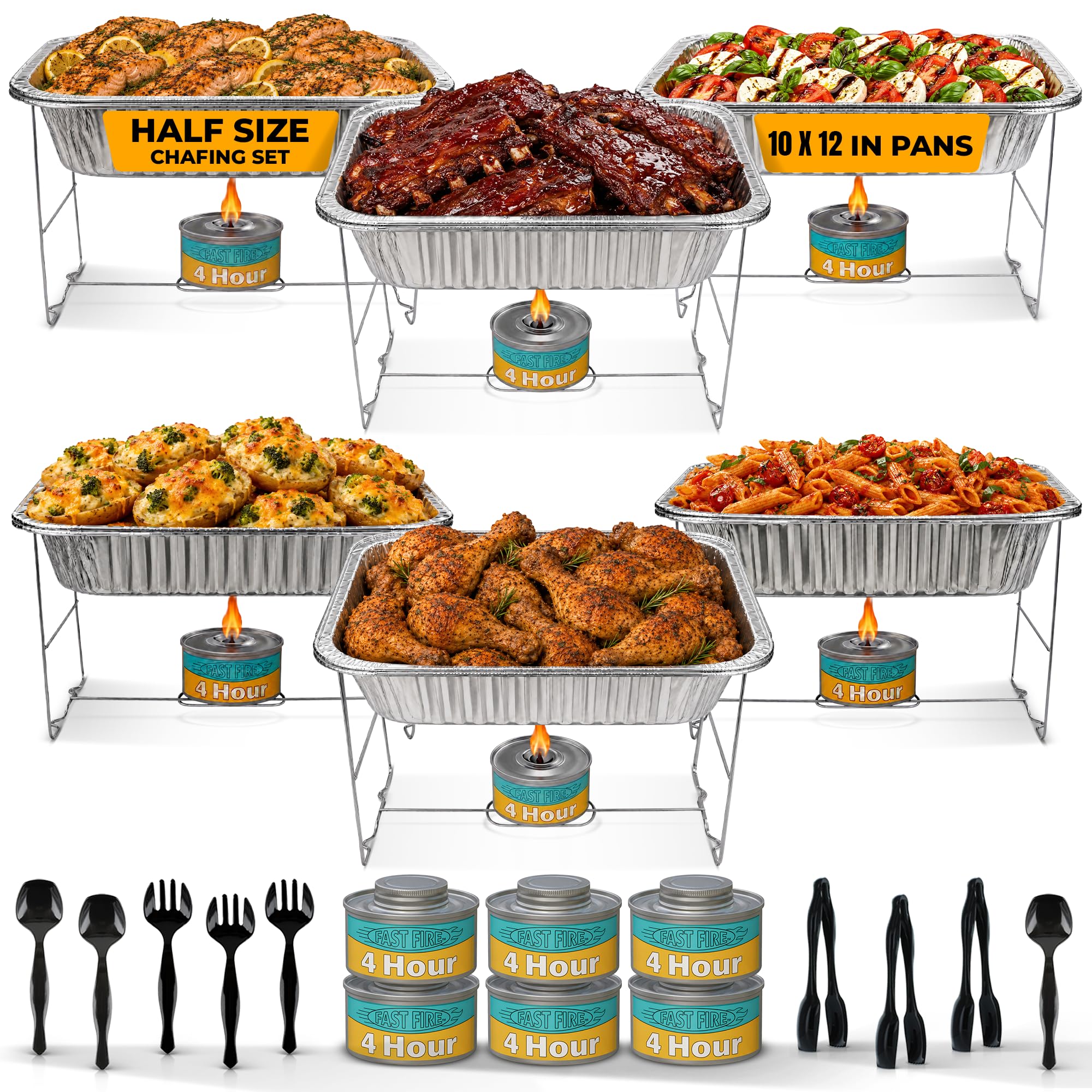 Juego de 6 platos desechables para bufé, tamaño medio (estándar de 10.4 x 12.75 pulgadas), estantes de alambre plegables patentados, latas de combustible de 4 horas, sartenes de aluminio para | Las sartenes miden 10.4 x 12.75 pulgadas, el tamaño medio est