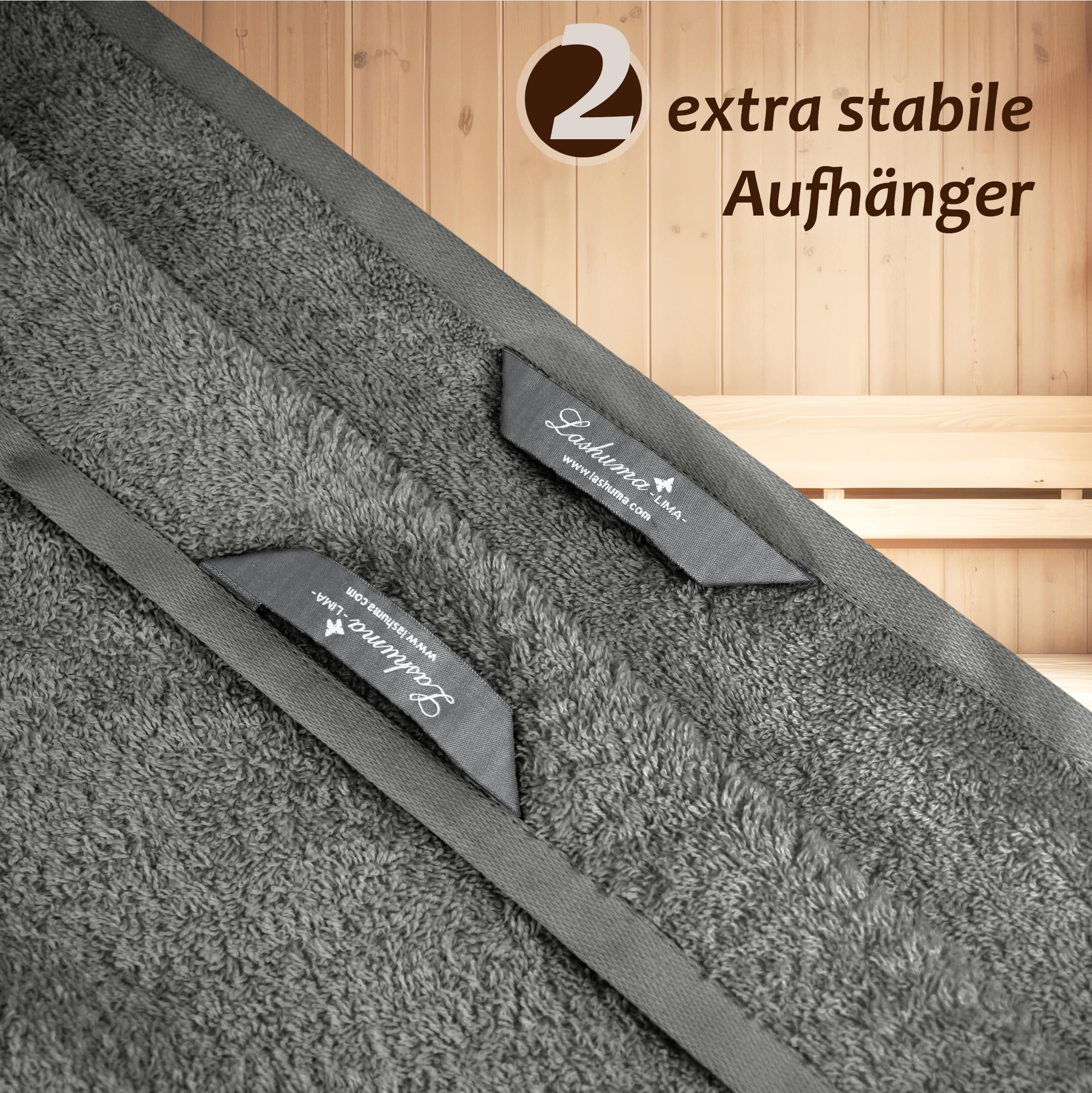 Lashuma Saunahandtuch 100x200 cm, Frottee XXL Badetuch in Dunkel Grau | 500 gsm Frottee aus 100% Baumwolle, als Saunatuch, Badehandtuch, Duschtuch und Liegetuch für Sauna und Bad