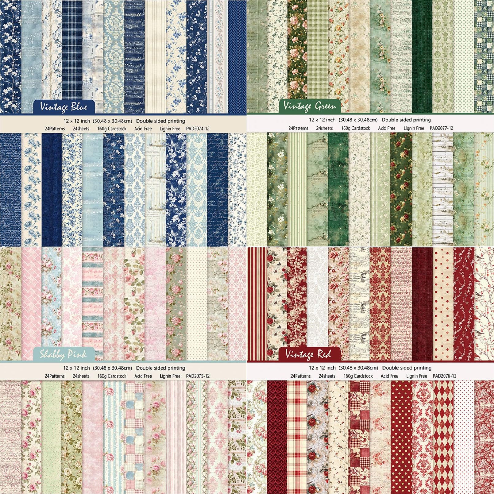Wkładka do schowka, papier wzorowy 12x12, 24 arkusze dwustronnego papieru do scrapbookingu, papier do wzorów, 12 wzorów, 160 g/m2 papier do scrapbookingu, papier dekoracyjny(Red)