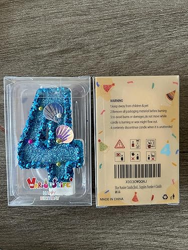 Miniatura 6 de Vela de números azules, velas de números de lentejuelas para pasteles de cumpleaños, suministros de fiesta temática de sirena, vela número 4