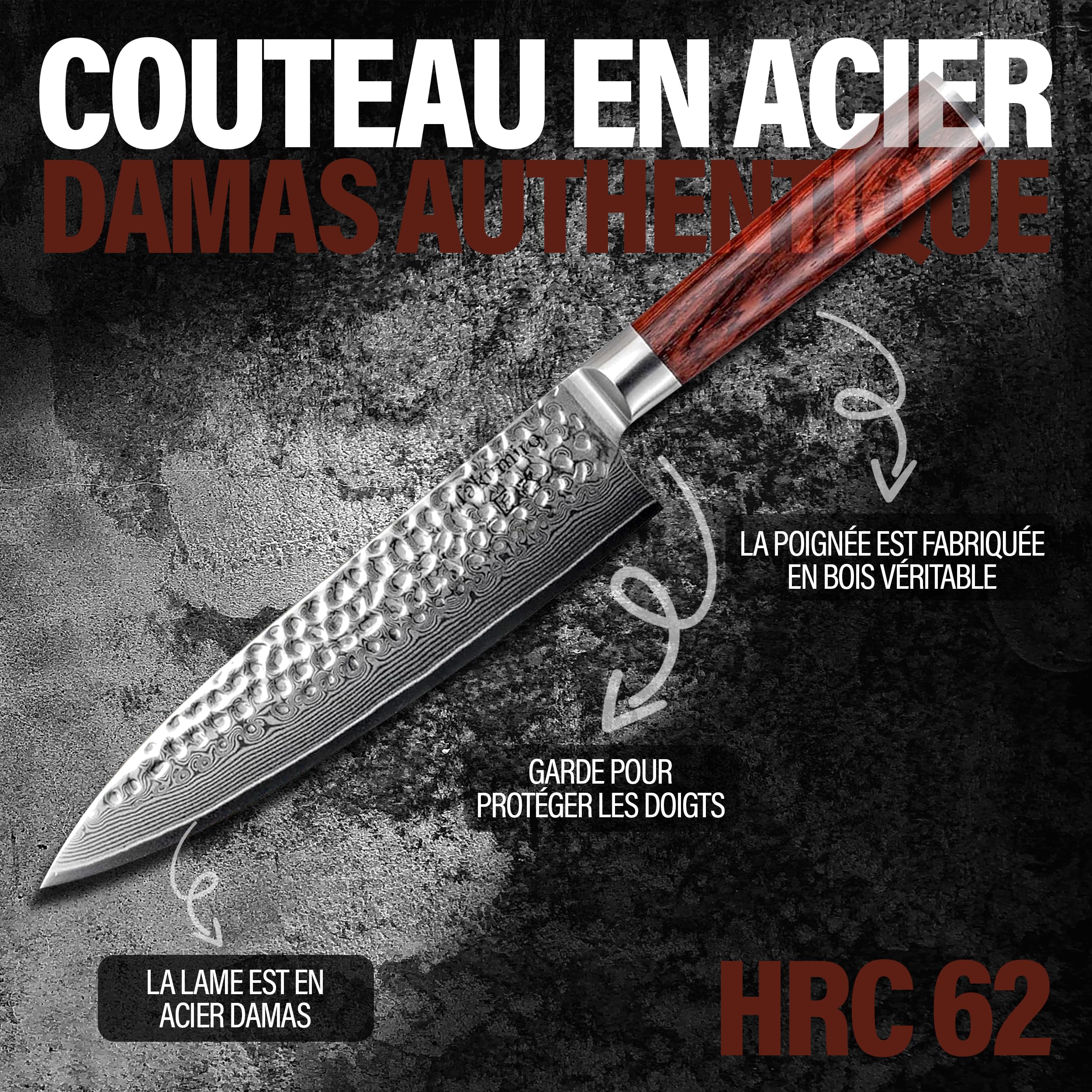 Coltello da chef Coltello da cucina giapponese Gyuto in acciaio Damasco inossidabile a 67 strati | Extremely Sharp Professional Kitchen Knife | Durevole Chef Knife (HRC 62, Legno Padouk)
