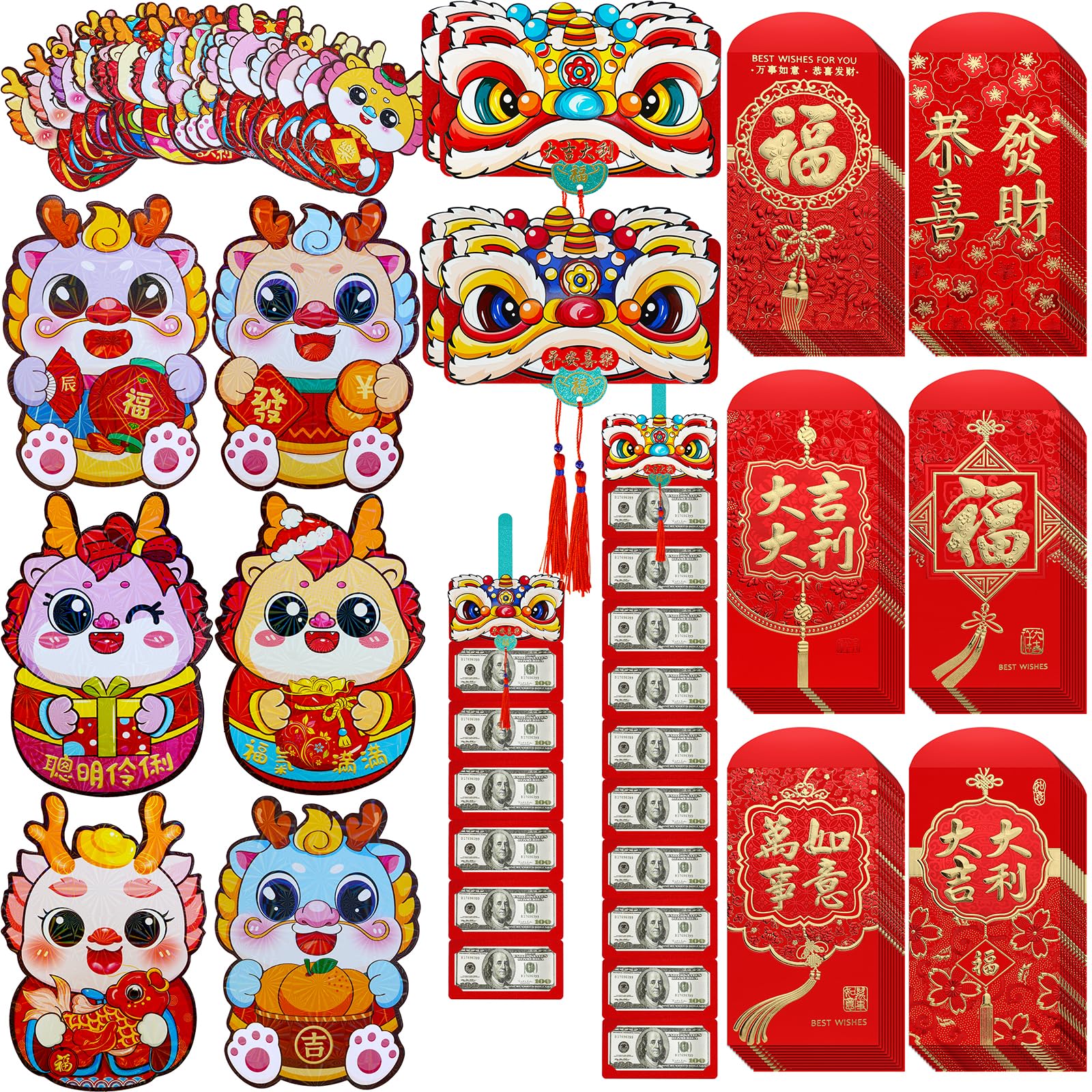 Winlyn 88 Pcs 32 Designs Chinese New Year Hong Bao Foldable Red Envelopes Lucky Money Pockets Red Packets Lucky Cash Envelopes for Asian Vietnamese Chinese Lunar New Year 2024 Year of the Dragon