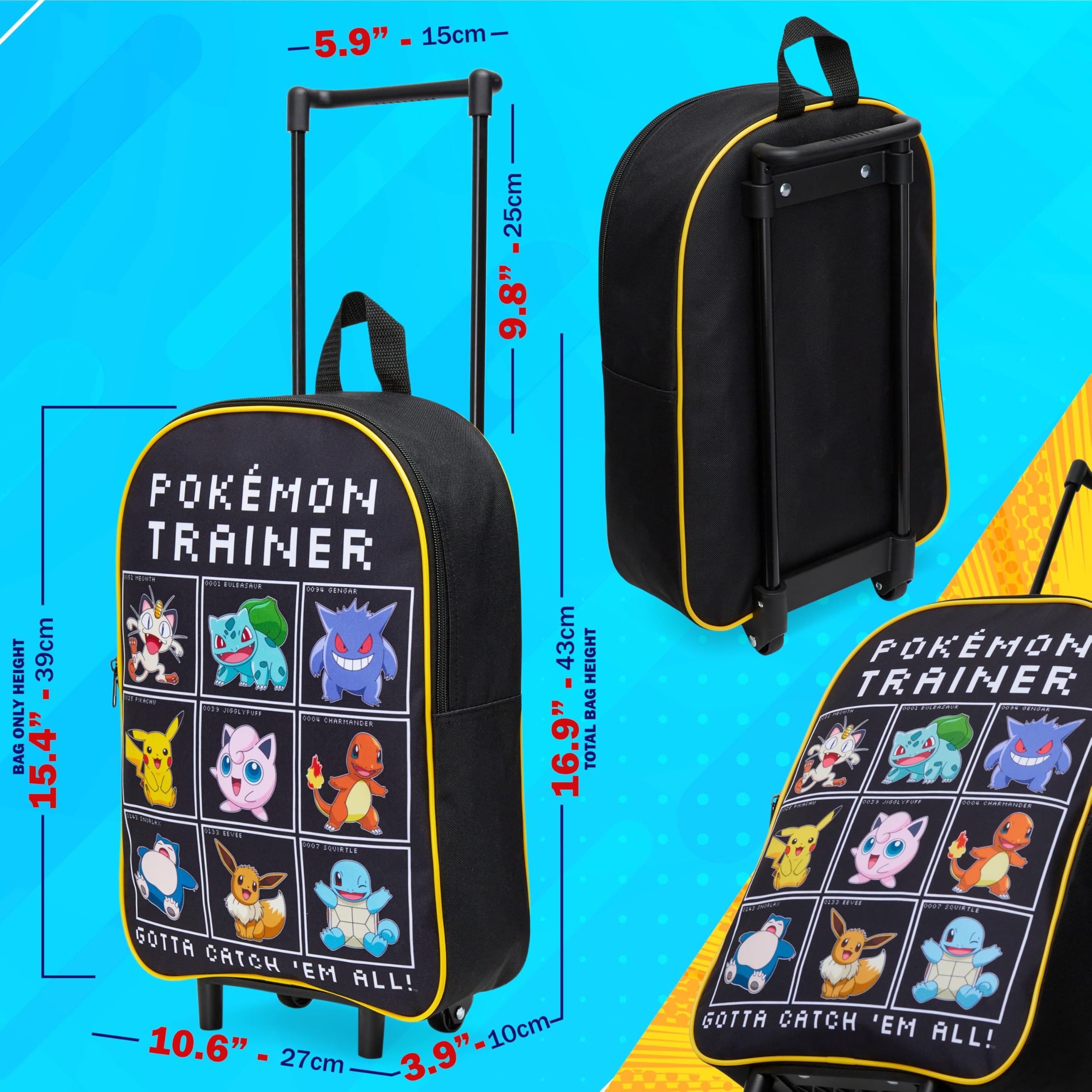 Pokémon Bagages Enfant, Petite Valise Enfant 39x27cm, 10.5L, 2 roulettes, Noir, Fermeture Zippée (Noir/Multi)