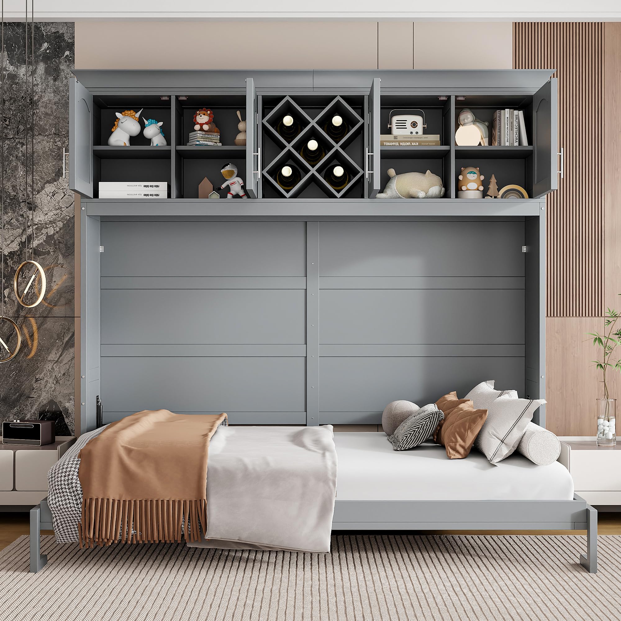 Modern Multi-function Queen Size Murphy Wall Bed With Top Cabinets and Wine Rack, Solid Wood Folding Cabinet With Shelves, Space-Saving for Guestroom,