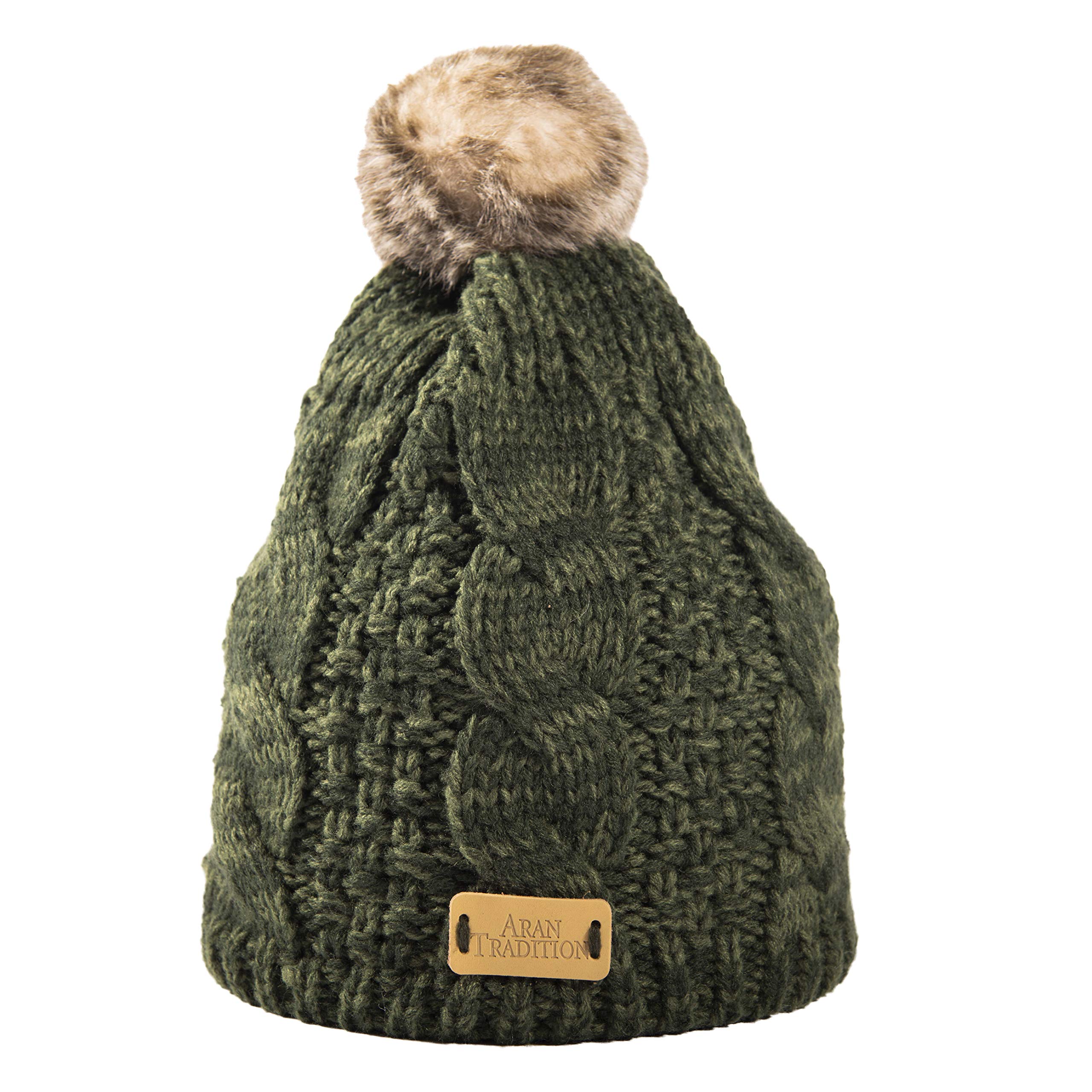 Aran Traditions Warm Winter Cable Knit Faux Fur Bobble Beanie Hat (Dark Green)(Size: One Size)