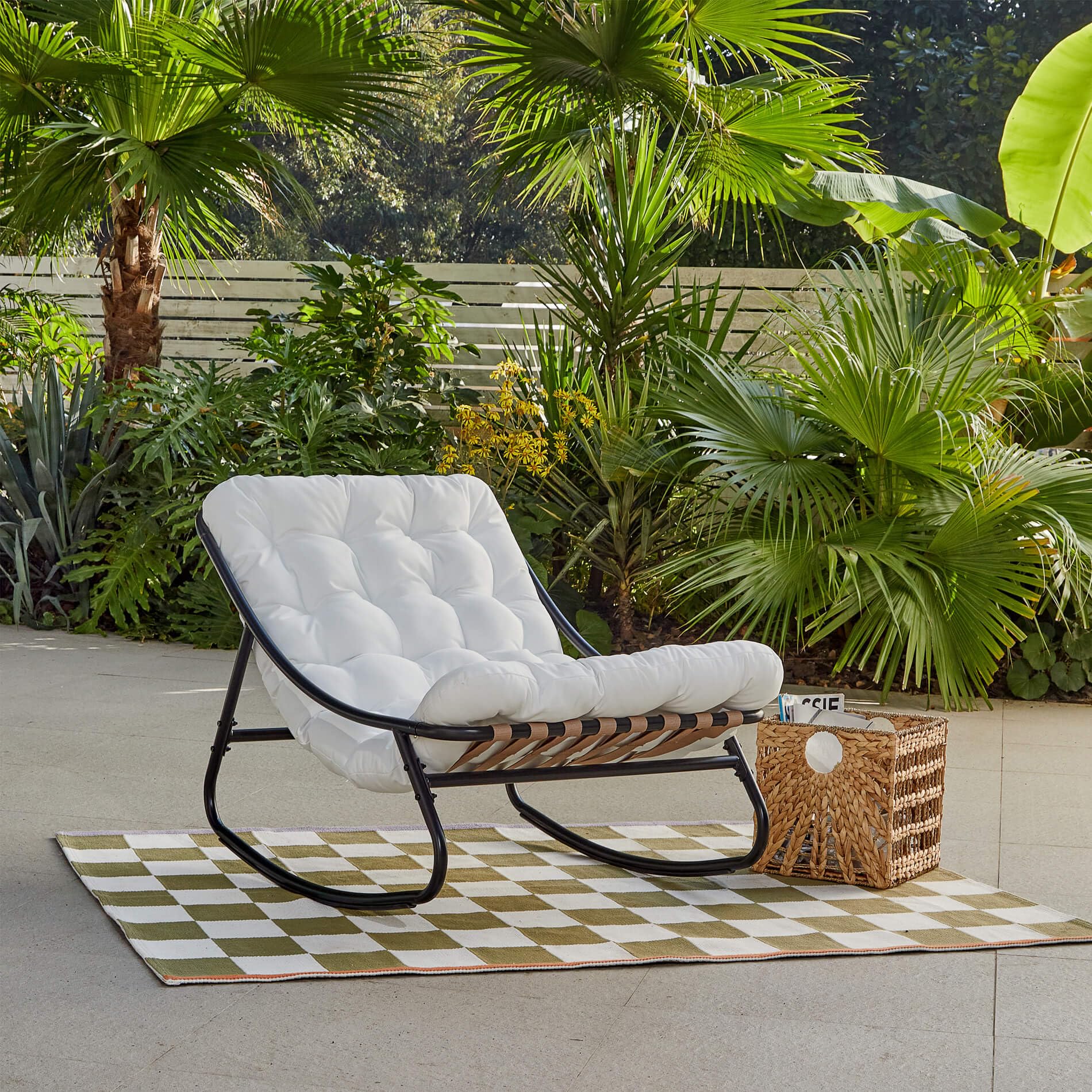 Rebecca Mobili Sillón Mecedora Grande, Silla Relax de Exterior, Gris Blanco, Acero Poliéster, para Interior o Exterior, Cojín Acolchado Alto - Dimensiones AxAnxFon: 74 x 78 x 101 cm - Art. RE7180