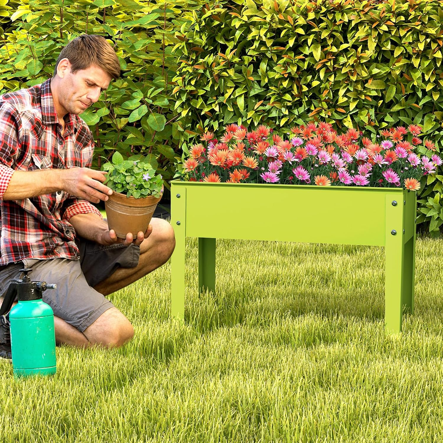 Giantex Raised Garden Bed, Metal Planter Box with Legs, Drain Hole, Outdoor Indoor Elevated Garden Box for Vegetable Flower Herb Fruit, Standing Raised Beds for Backyard Porch Balcony Green