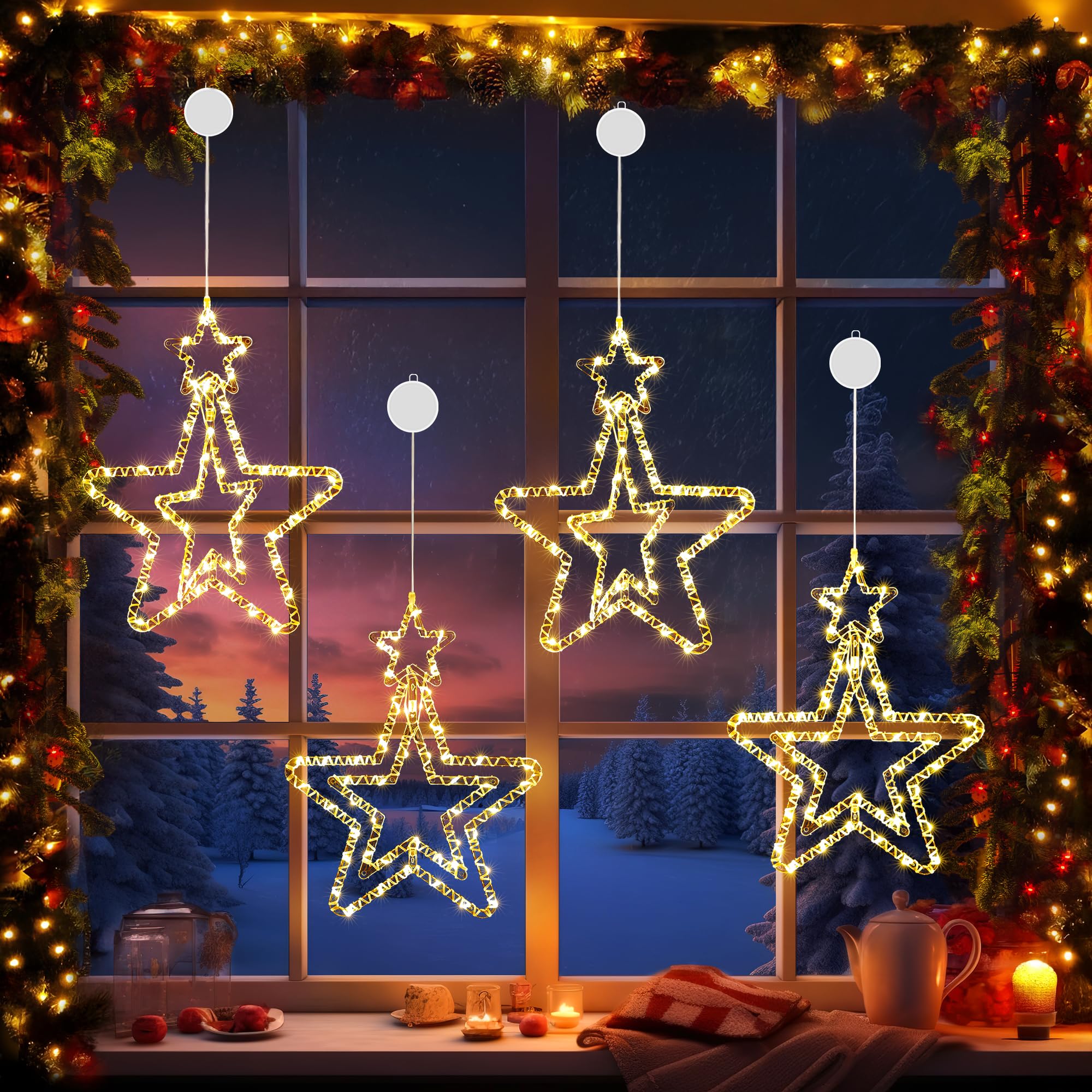 BrizLabs Luci a Stella di Natale, 4 Pezzi 48 LED Luci Natalizie per Interni a Batteria Girevoli 3D Stelle Luci Natale Decorazione per Finestra Esterno Matrimonio Balcone Festa, Bianco Caldo