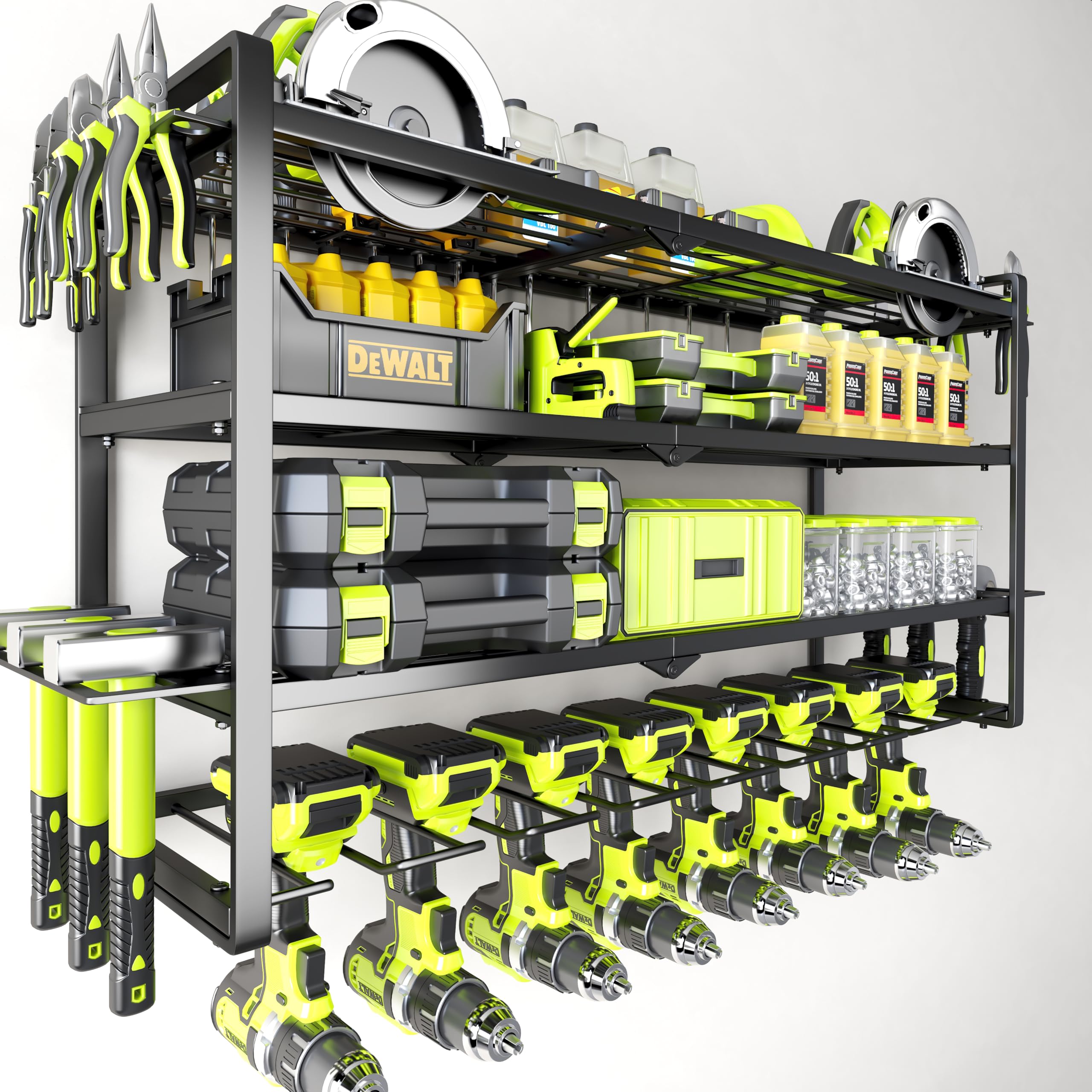 Large Power Tool Organizer Wall Mount, Garage Storage Cordless Tool Organizer with Screwdriver Holder, Heavy Duty Metal Storage Rack with 8 Drill Holder 4 Layer, Gifts for Men Who Have Everything