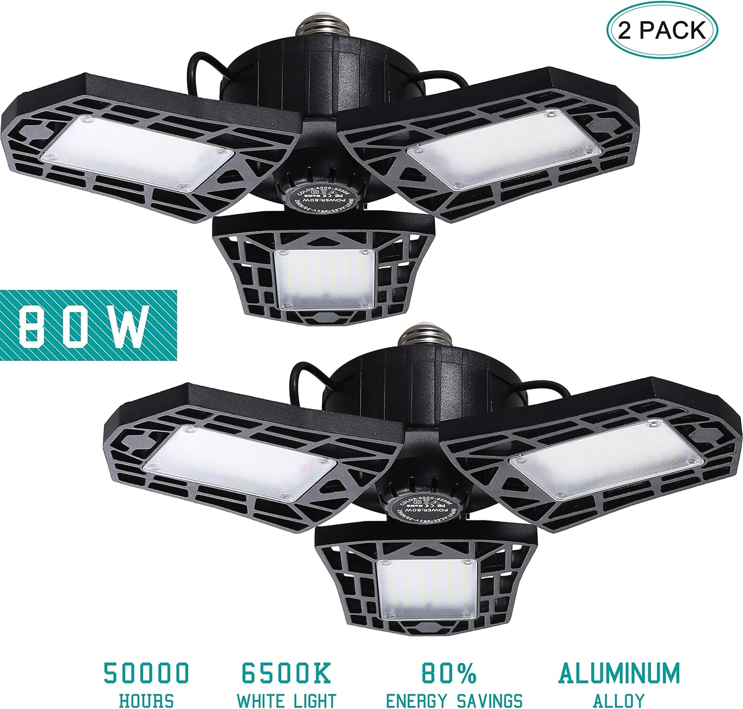 Uр Tо 40% оƒƒ 2-Pack LED Garage Lights, 80W Adjustable Trilights Garage Ceiling Light, High Bay Deformable LED Corn Light Bulbs with 8000LM 6500K for Basement Cellar (80.00W)