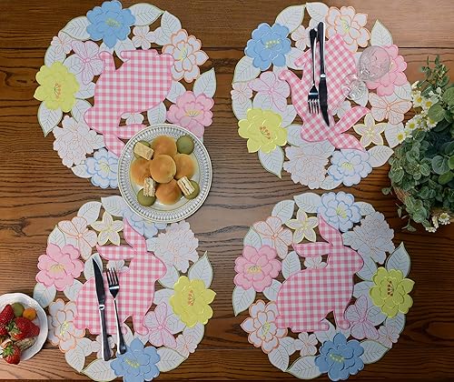 Miniatura 4 de KEVA Juego de 4 manteles individuales bordados de conejo de Pascua 16 pulgadas redondos apliques de conejo con bordado floral y mariposa para