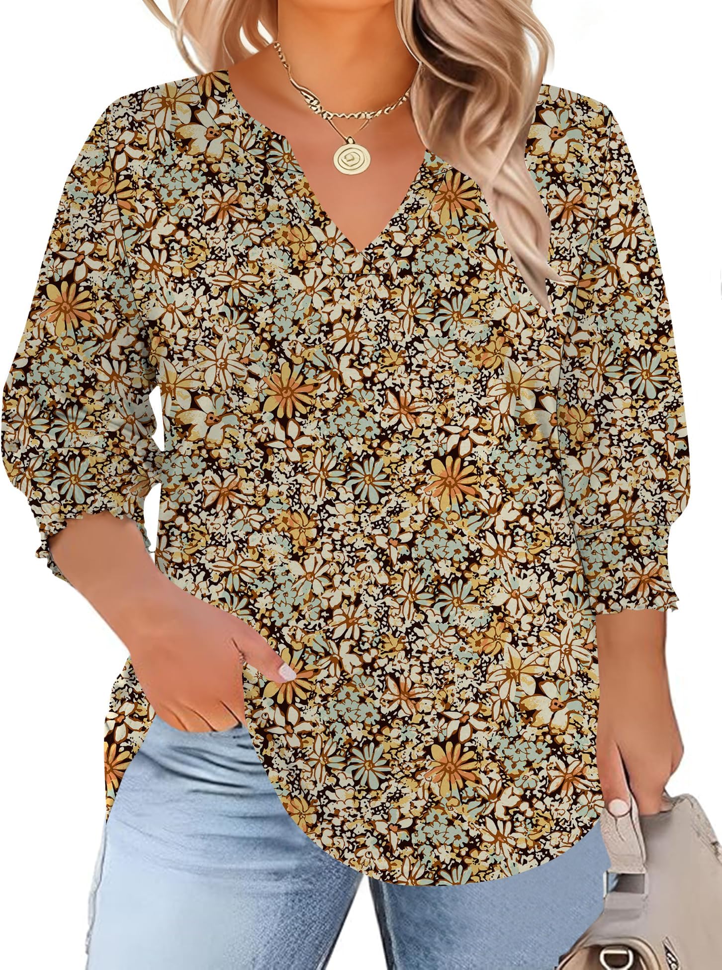 Womens Plus Size Tops 3/4 Sleeve Blouses Summer V Neck Shirts Smocked Cuffs Spring Outfits 1X-5X