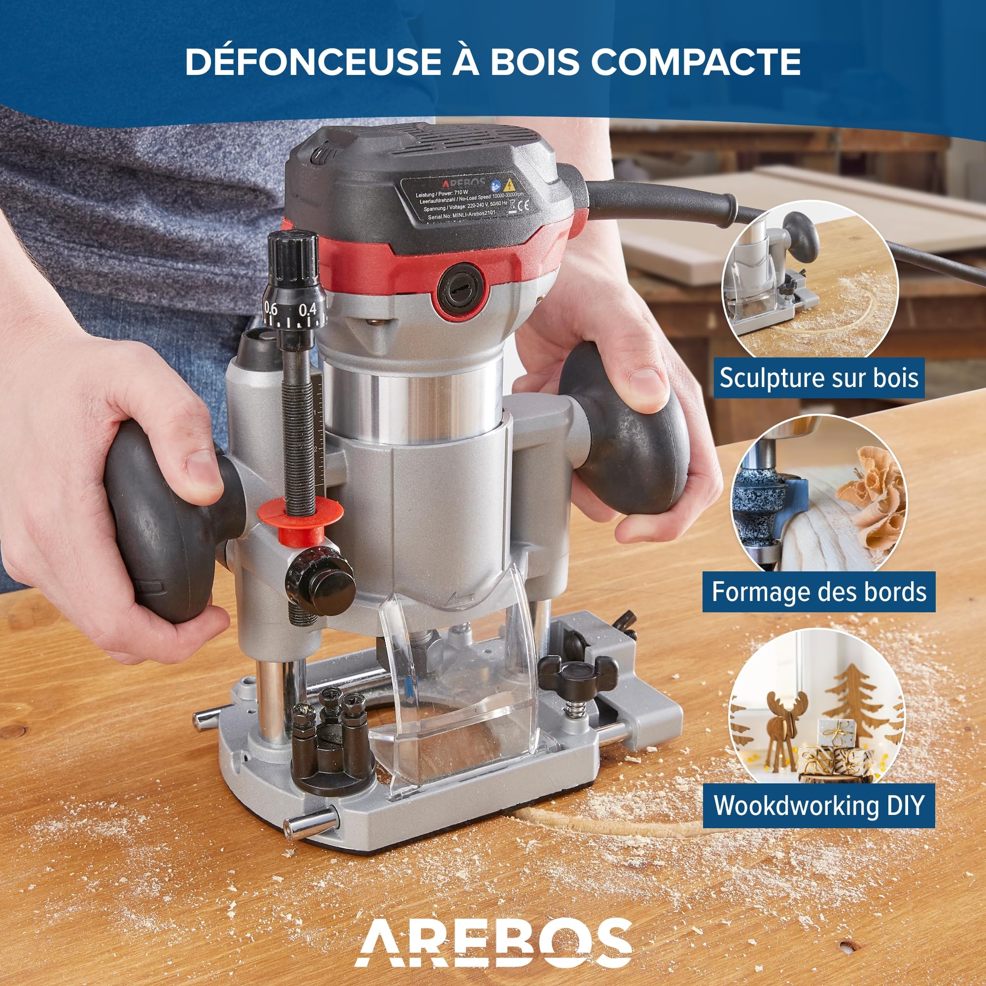 Arebos Défonceuse électrique | Machine à Fraiser | 710W | Sac à outils | avec accessoires de fraisage | Fraiseuse à bois | Fraiseuses à lamelles | Routeur à bois