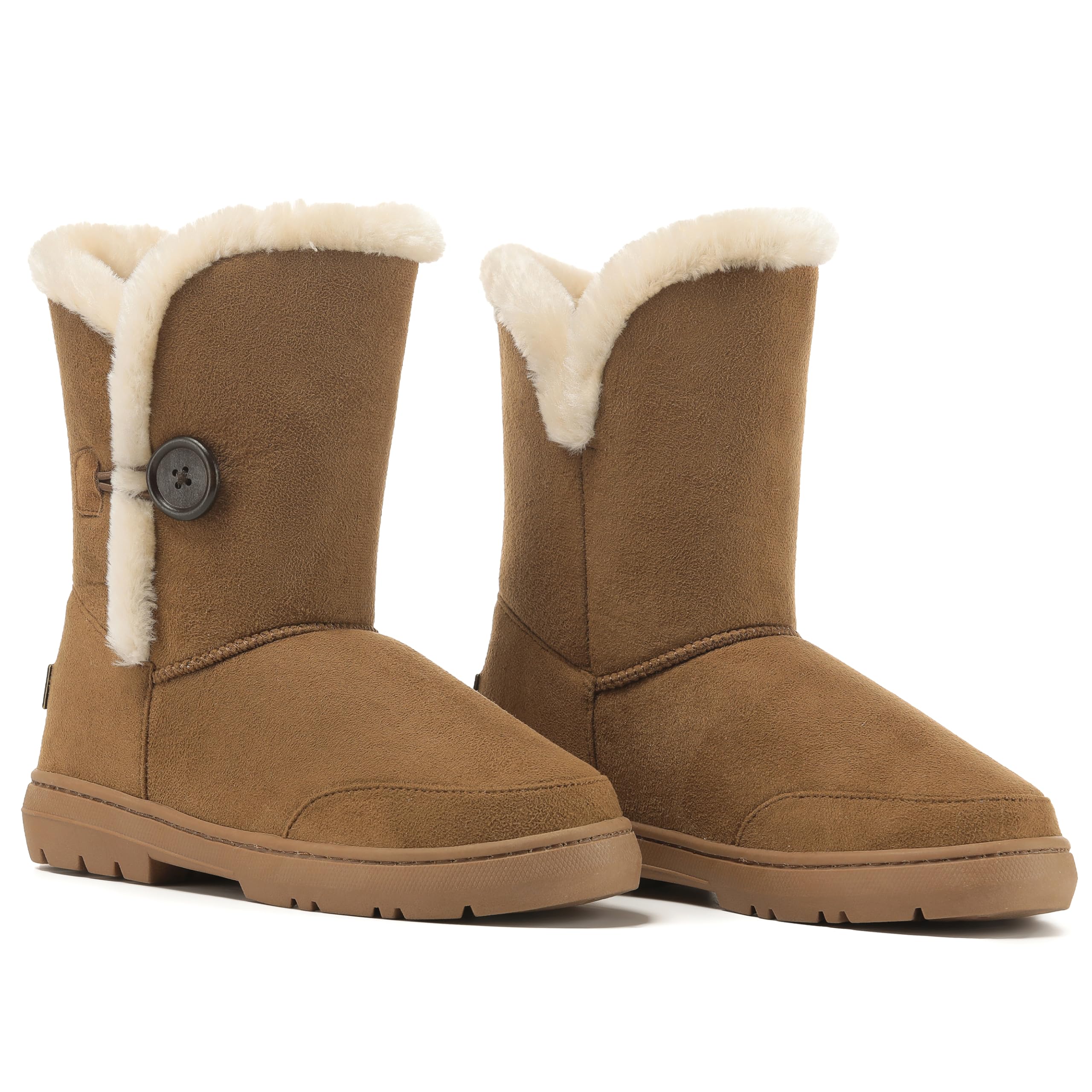 Holly Women’s Waterproof Winter Ankle Boots - Faux Fur Lined Slip-On Shoes with Single Button Detail - Comfortable Warm Outdoor Footwear - Tan - UK7/40