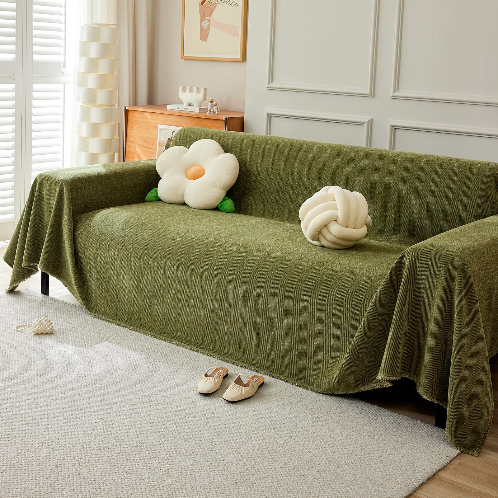 Manta Sofa Chenilla,Plaid Cama- Ultra Suave con Textura Espina de Pescado, Transpirable 4 Estaciones, Moderna y Confortable para Cama, Silla 230 * 180cm-Matcha Verde