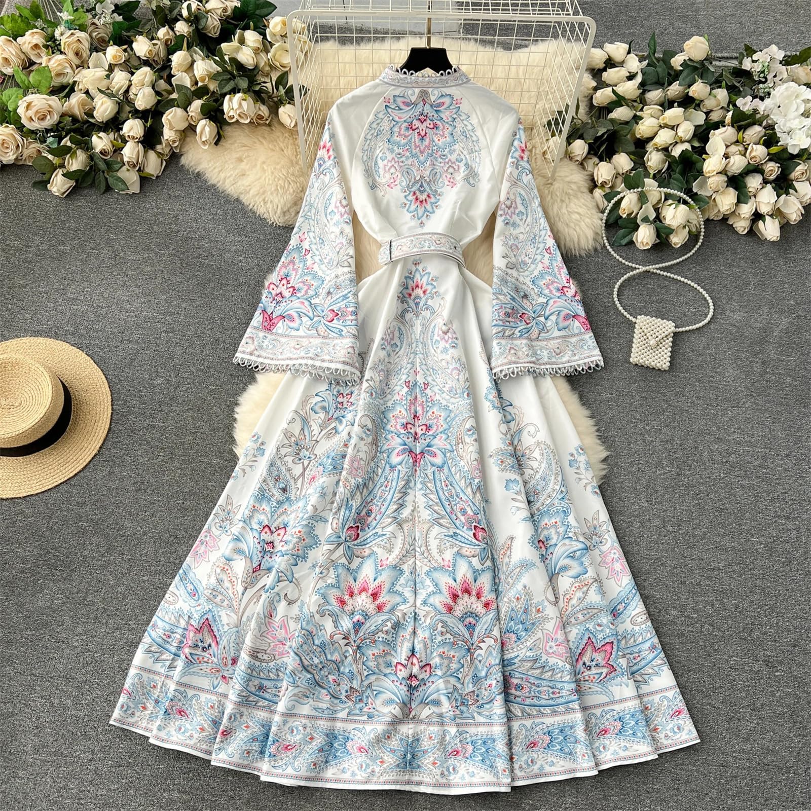 Abito Lungo Elegante da Donna con Stampa Slim A Vita Alta, Collo alla Coreana, Manica Svasata, Vita Alta, Slim