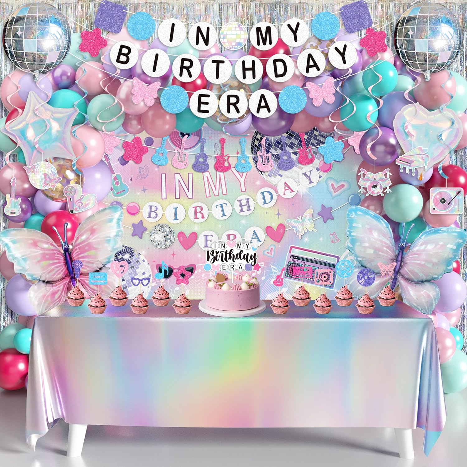 In My Birthday Era Decorations, Music Birthday Decorations, Popular Singer Theme Party Supplies for Girls Pink Purple Balloon Arch Friendship Bracelet Garland Backdrop Cake Toppers Hanging Swirls