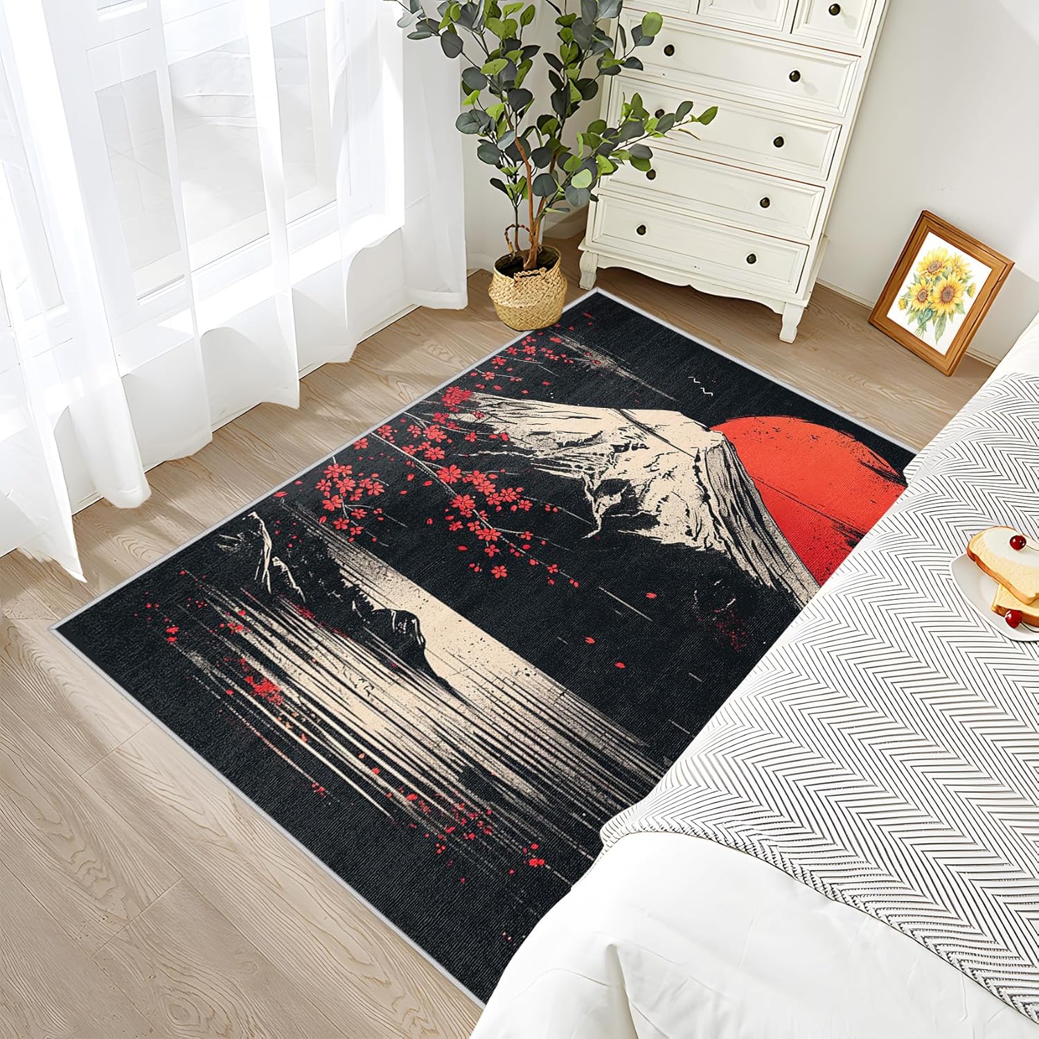 Japanese Rug 5x7-2x3 Rug - Japanese Rug - Japan Mount Fuji Landscape Area Rug - Sun and Mountain Rugs - Black and Red Carpet - Home Decor