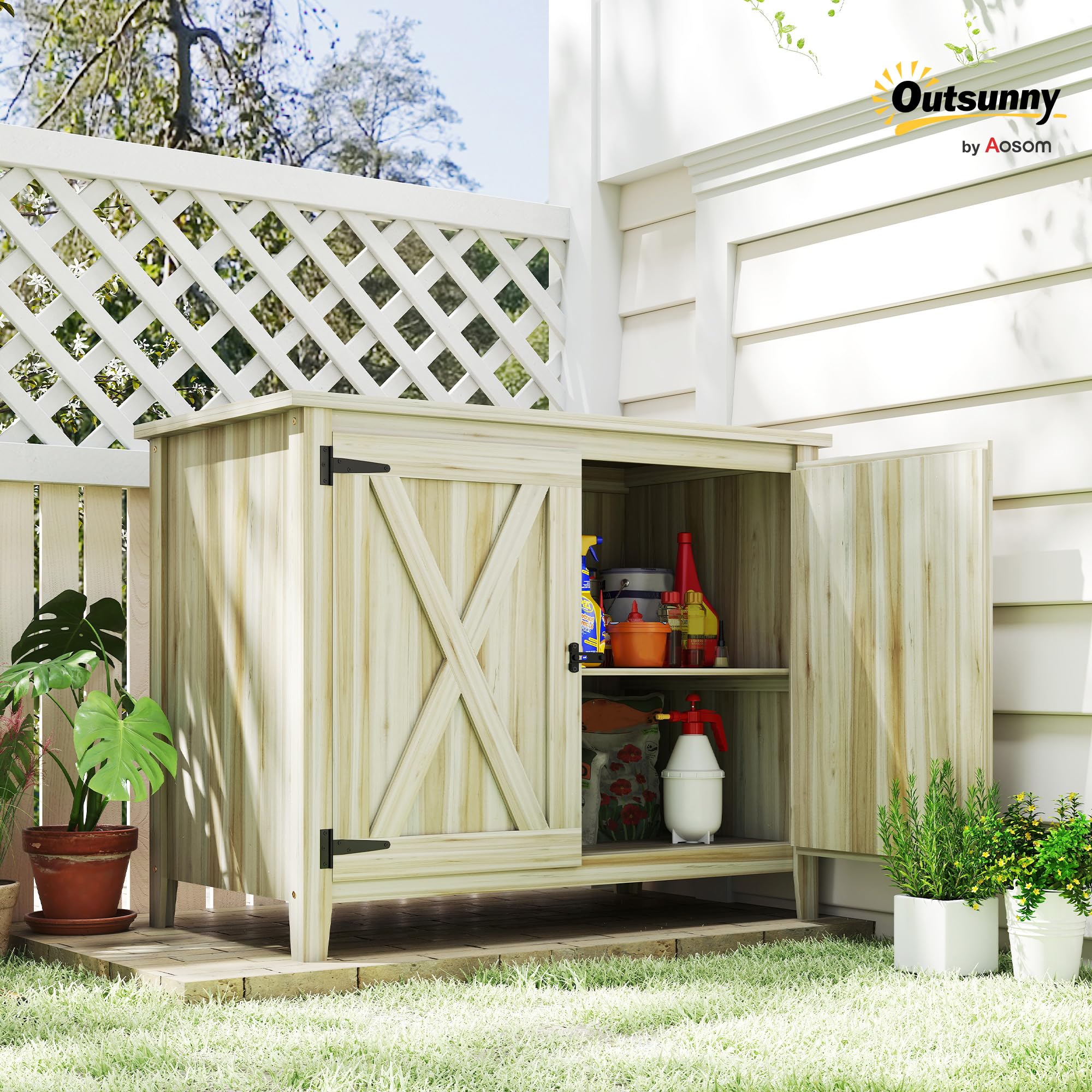 Outsunny Armoire de Jardin en Bois Étagères 110 x 60 x 88,5 cm Naturel | Double Portes, Placard de Jardin, Armoire à Outils