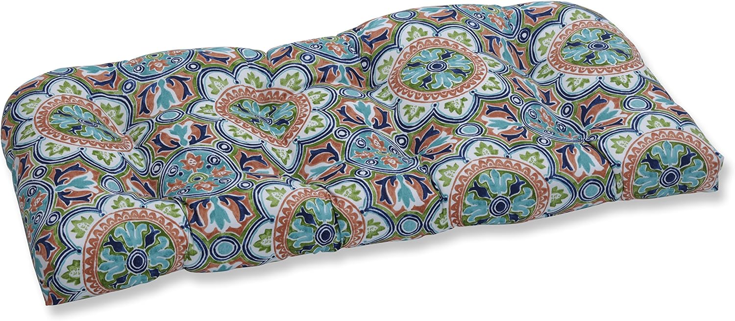 Pillow Perfect Outdoor | Indoor Lagoa Tile Flamingo Wicker Loveseat Cushion, Blue, 44 X 19 X 5 Tufted Loveseat Cushion, 44" x 19"