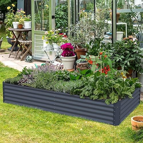 Miniatura 8 de Caja de jardín elevada galvanizada para exteriores, camas de jardín elevadas de 17 pulgadas de alto, macetas de jardín al aire libre, cajas de Gris