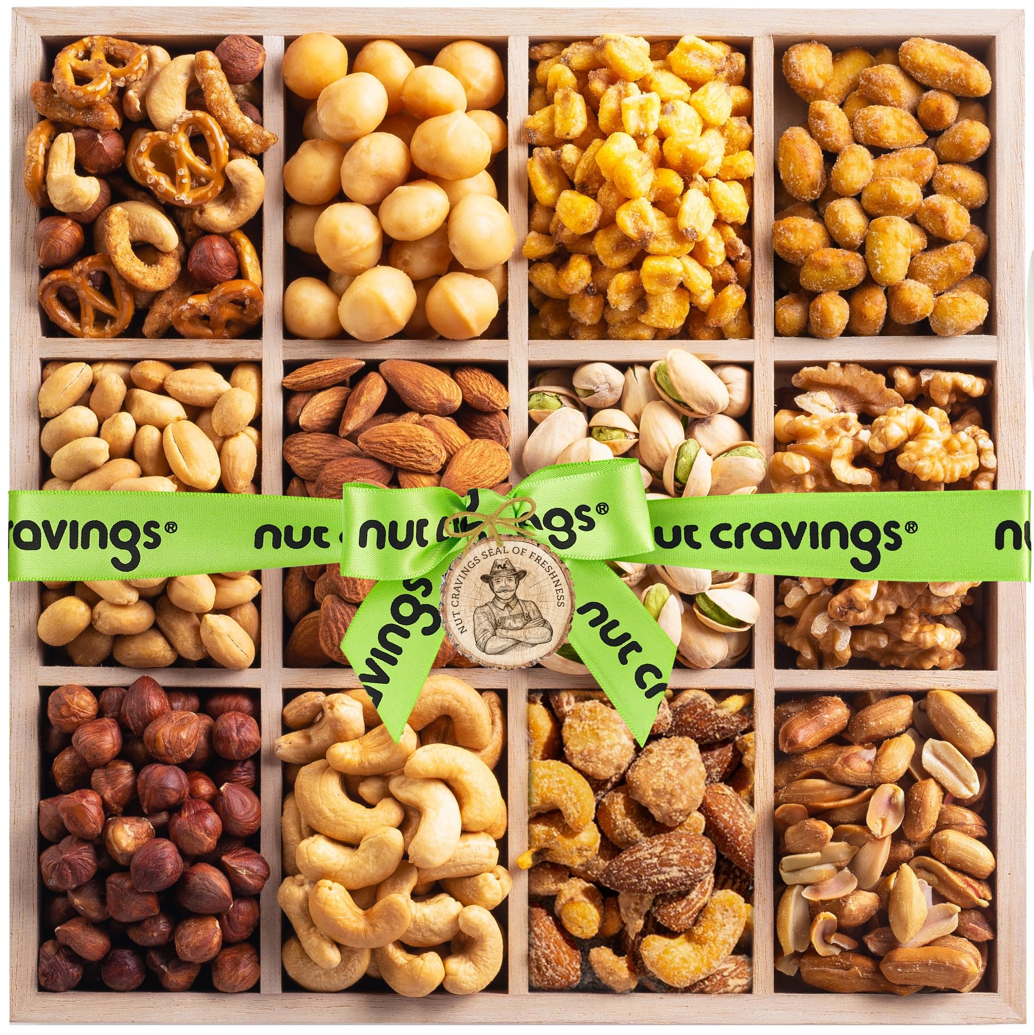 NUT CRAVINGS Gourmet Collection - Fathers Day Mixed Nuts Gift Basket in Reusable Wooden Tray + Green Ribbon (12 Assortments) Teacher Appreciation Gifts Arrangement Platter, Healthy Kosher USA Made