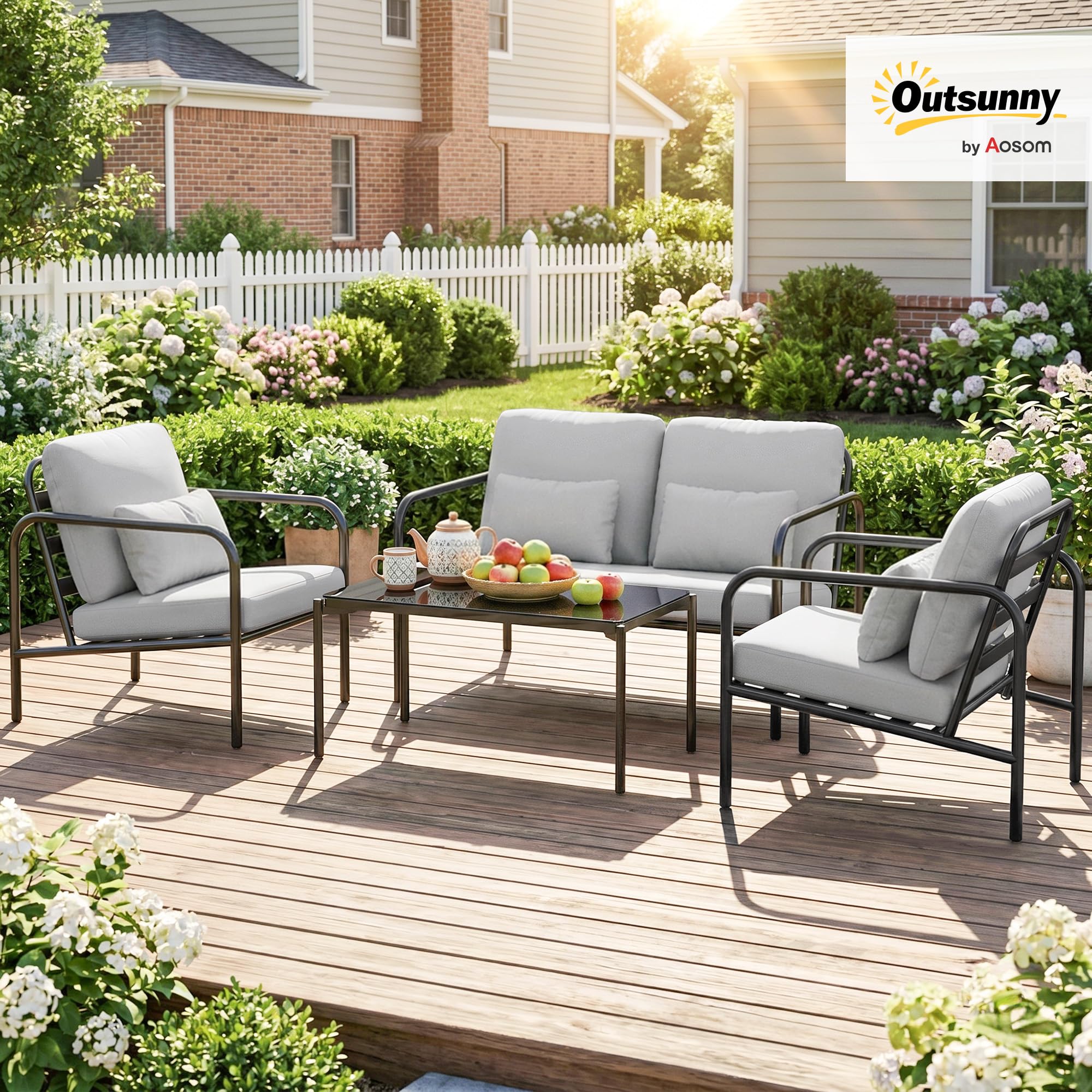 Outsunny Set Salotto da Giardino 4 Pezzi Divano 2 Posti Grigio Chiaro | Set di Mobili da Giardino in Acciaio, 2 Poltrone, Tavolino in Vetro, Cuscini Spessi, Cuscini Lombari, Salottino da Esterno