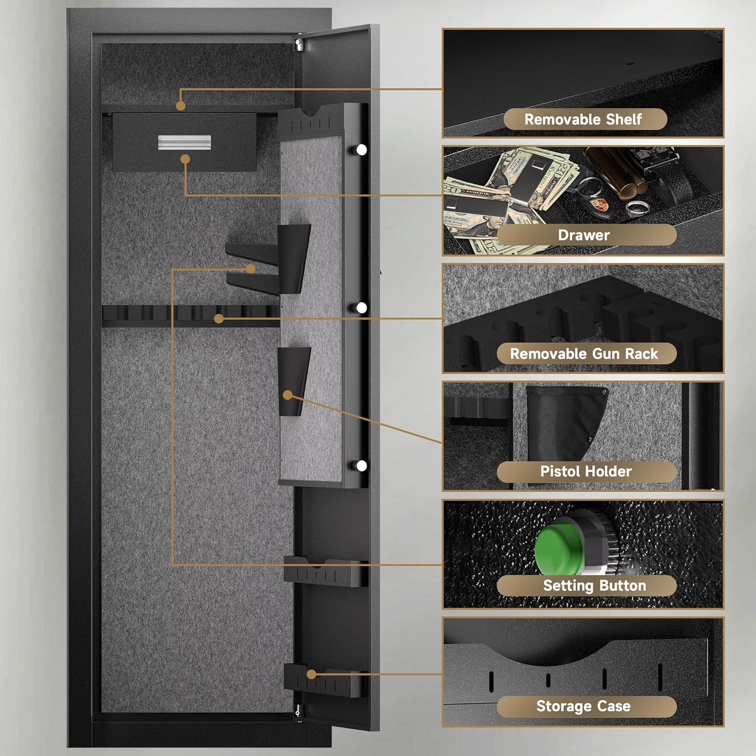KAER 25 Biometric Gun Safe, Wider and Deeper Fingerprint Gun Safes for Rifle and Pistols, Large Quick Access Heavy-Duty Gun Cabinet for Firearm Ammo with Drawer & Gun Rack, Assembled