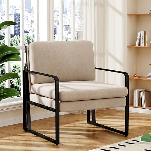 ALISH Sillas decorativas, sillón tapizado, sillas modernas para sala de estar, sillón de lino, sillas laterales de lectura con patas de metal para