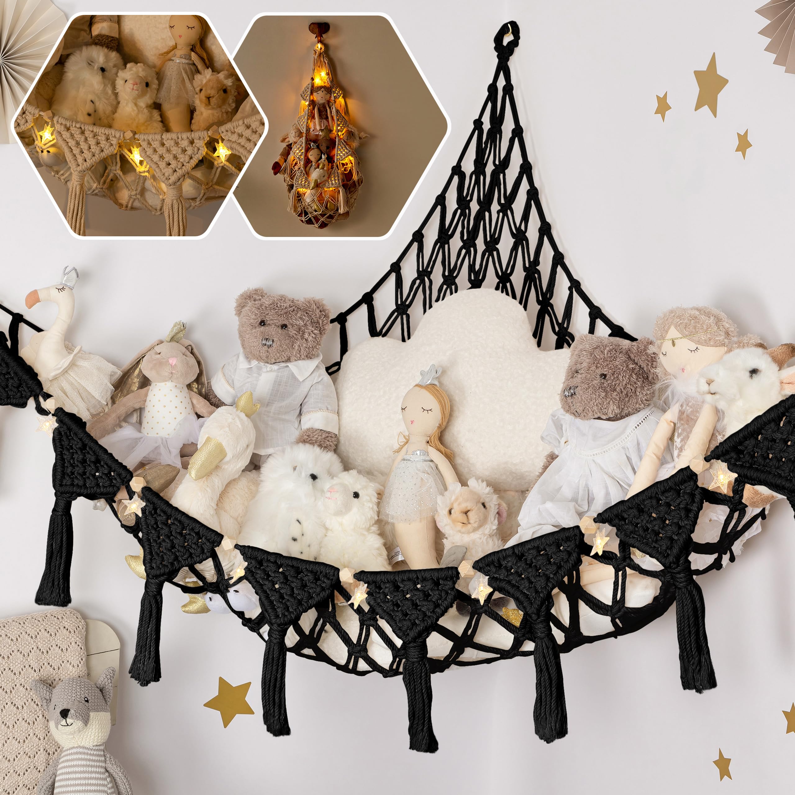 TIDYTEDS Macrame DreamLights Boho Stuffed Animal Storage Net Hammock Extra Large Plush Toy Storage Holder For Small Or Large Plushies BLACK