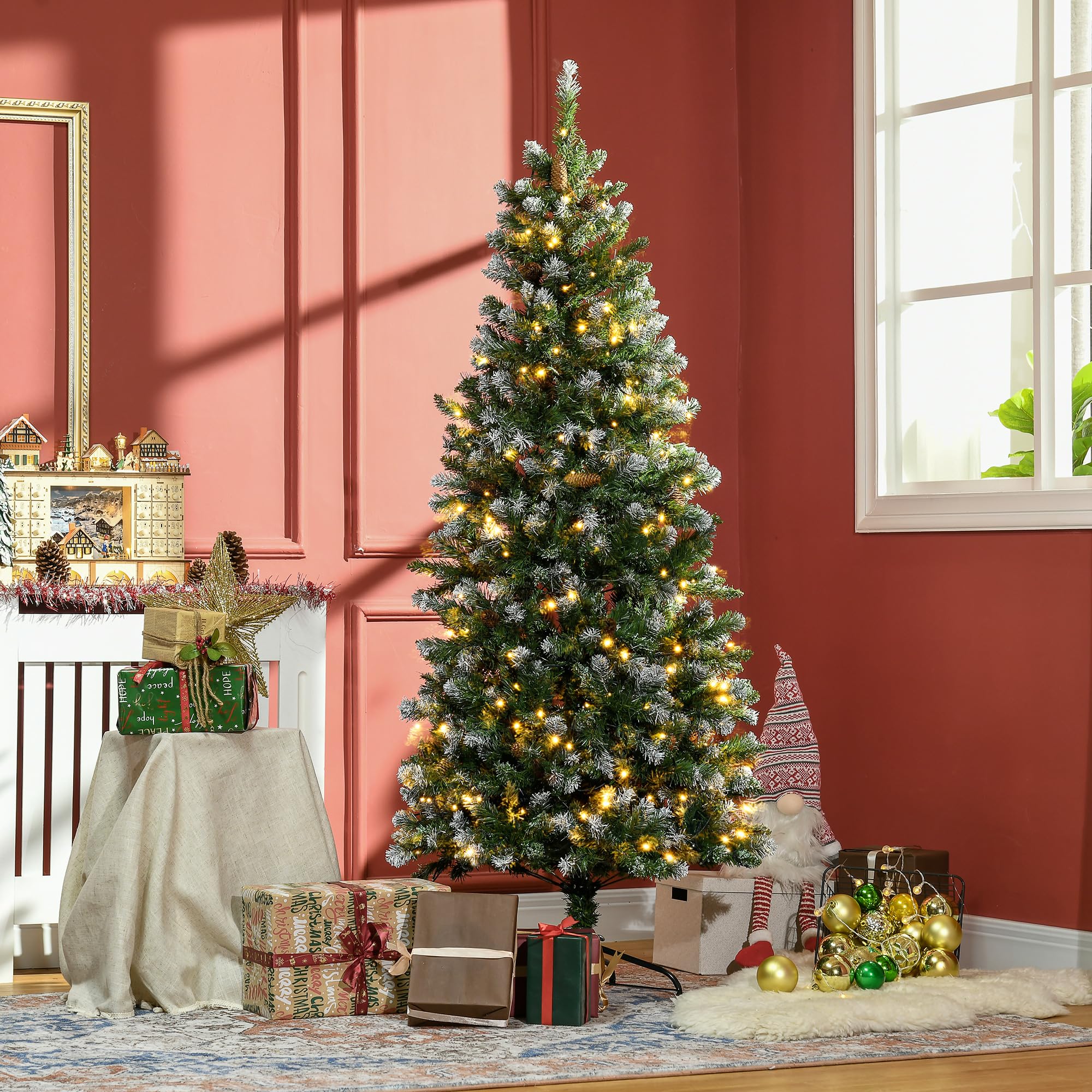 HOMCOM Sapin De Noël Artificiel Lumineux 180 cm 703 Branches 250 LED Vert | 30 Pommes De Pin, Support Pied Pliable, Ø 80