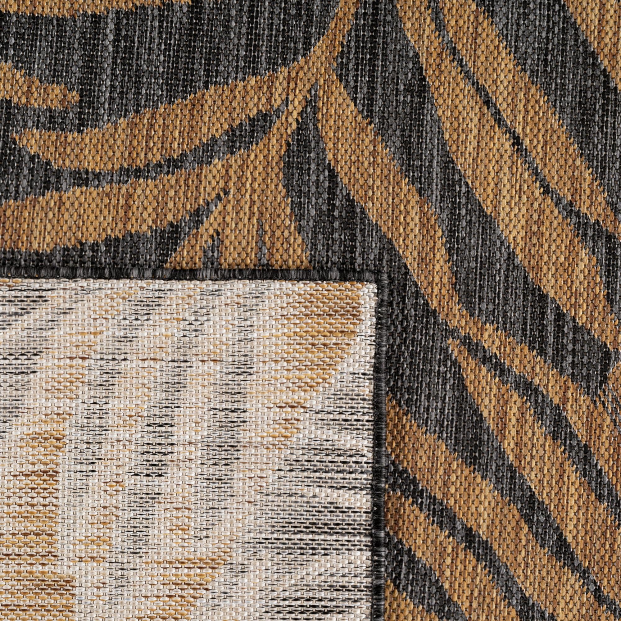 Teppium Outdoor Teppich Schwarz Natur Jute Optik Rund 160 cm Balkon Terrasse Garten Wetterfest UV-beständig Groß Palmblatt Flachgewebe Pflegeleicht Robust Modern