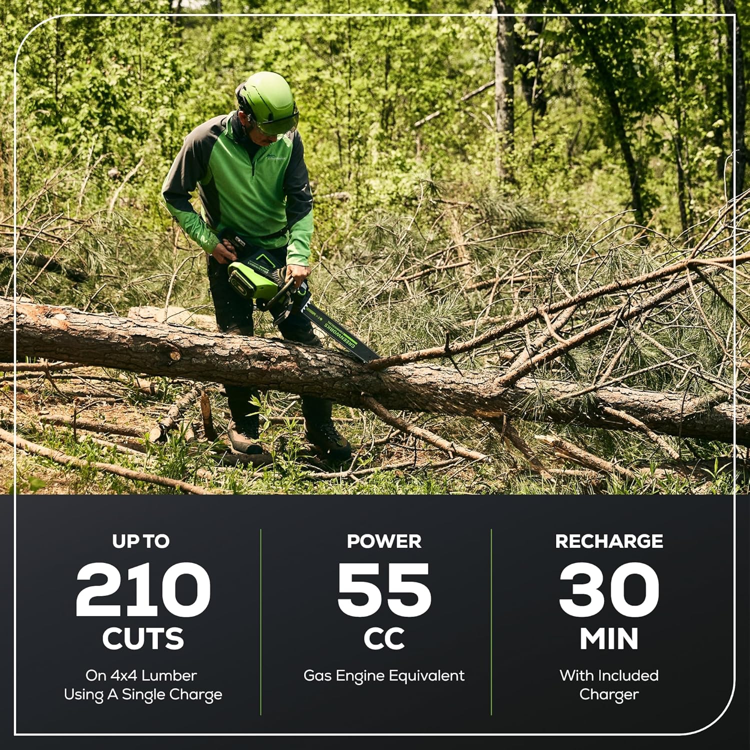 Greenworks 82V 18" Brushless (2.7 kW) Cordless Chainsaw (210 Cuts Per Charge), 4.0Ah Battery and Dual Port Rapid Charger (Great For Landscapers and Professionals)