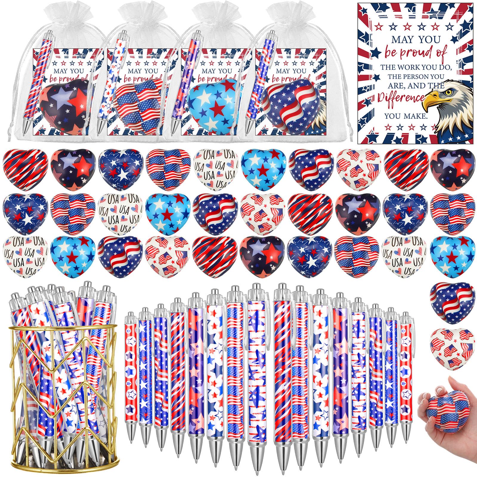 JellyArch 128 Pcs Veterans Day Gifts Bulk Include Patriotic Ballpoint Pens 2.75 Inch American Flag Stress Balls Gift Cards Organza Bags for Supplies(