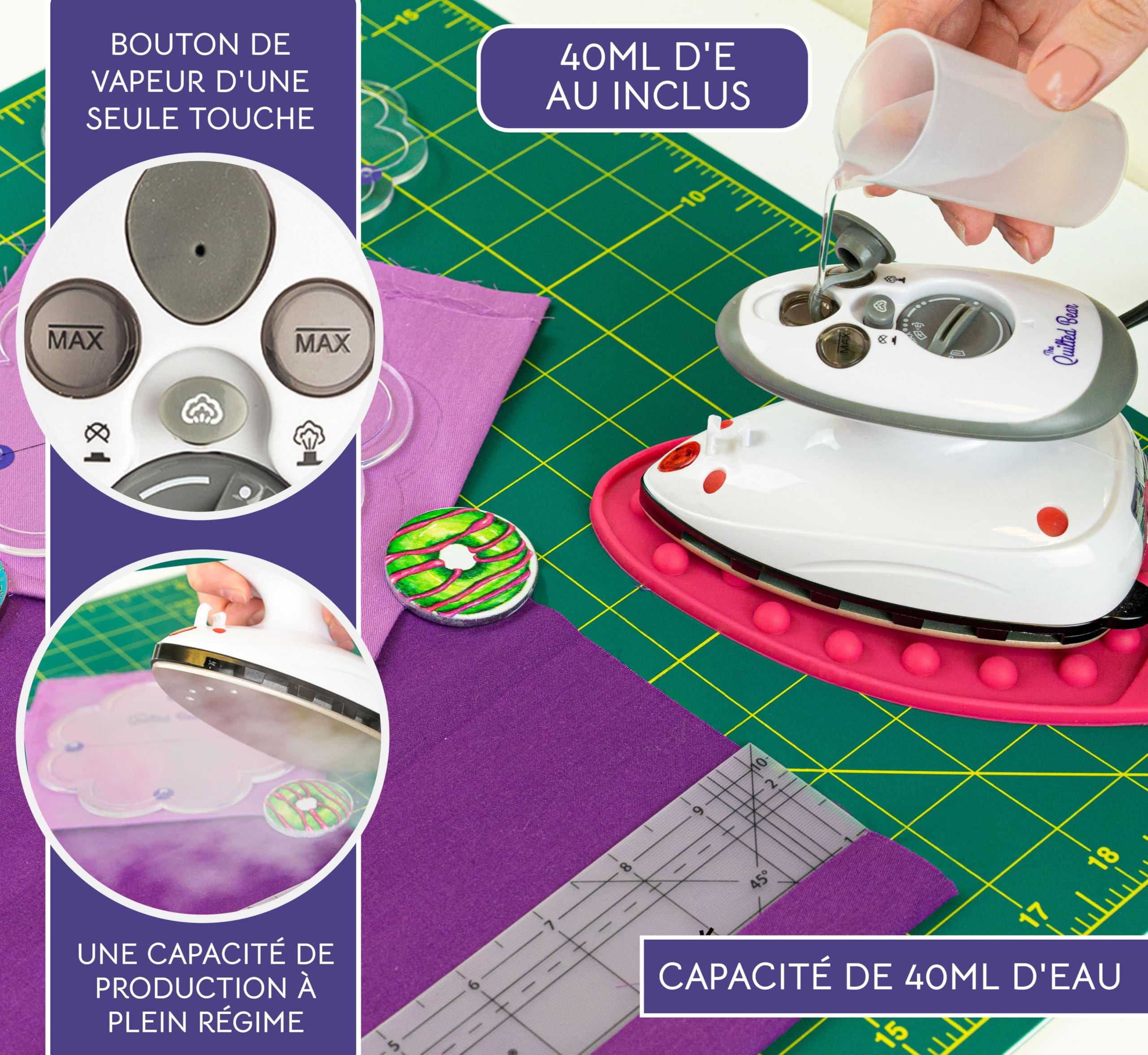 The Quilted Bear Mini Fer à Repasser - Fer a Repasser Voyage avec Céramique Vapeur & Thermostat - Petit Defroisseur Vapeur Voyage Pour la Couture, Artisanat ou Transfer (Boîtier Noir)
