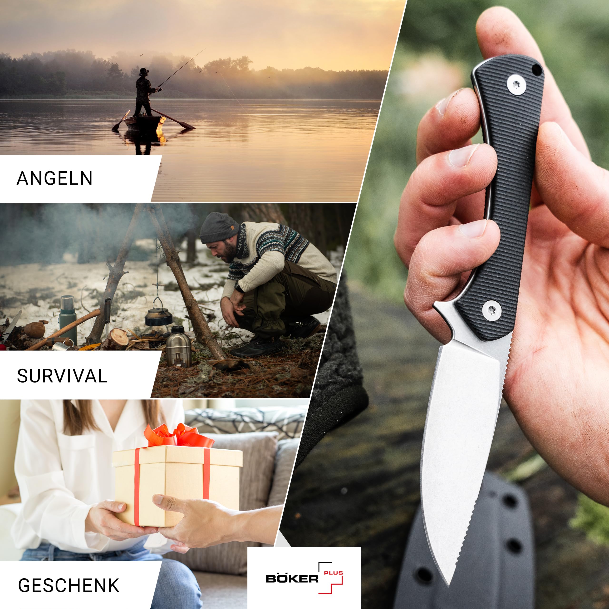 BÖKER PLUS® Brasa – EDC Messer mit feststehender Klinge 42a konform – Fulltang Jagdmesser mit G10 Griff schwarz & Kydex-Scheide – leichtes Backup Gürtelmesser mit 7,2 cm Droppoint Klinge