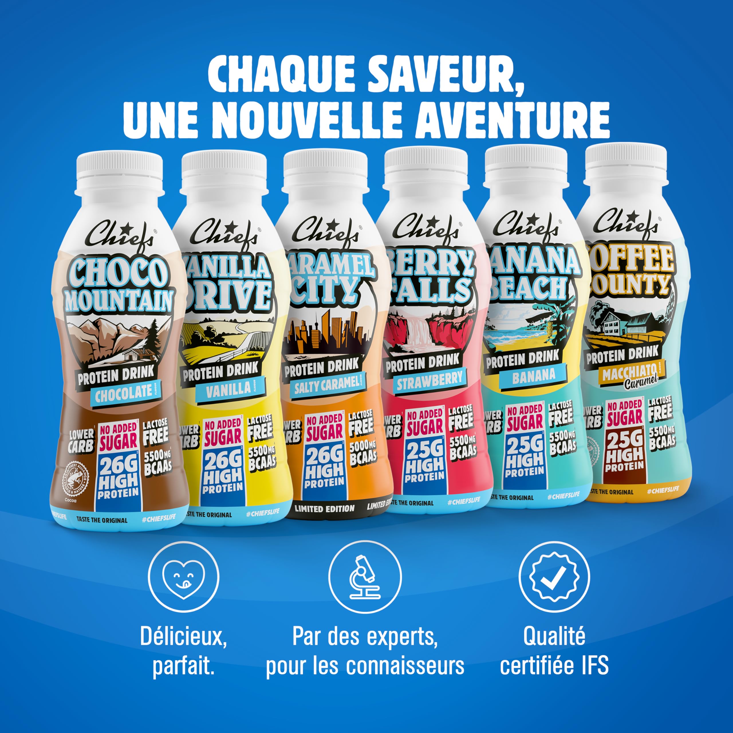Chiefs® Milk Protein Drink avec 25 g de protéines et BCAA • Shake riche en protéines et faible en glucides, sans lactose et sans sucres ajoutés • 8 x 330 ml (Berry Falls)