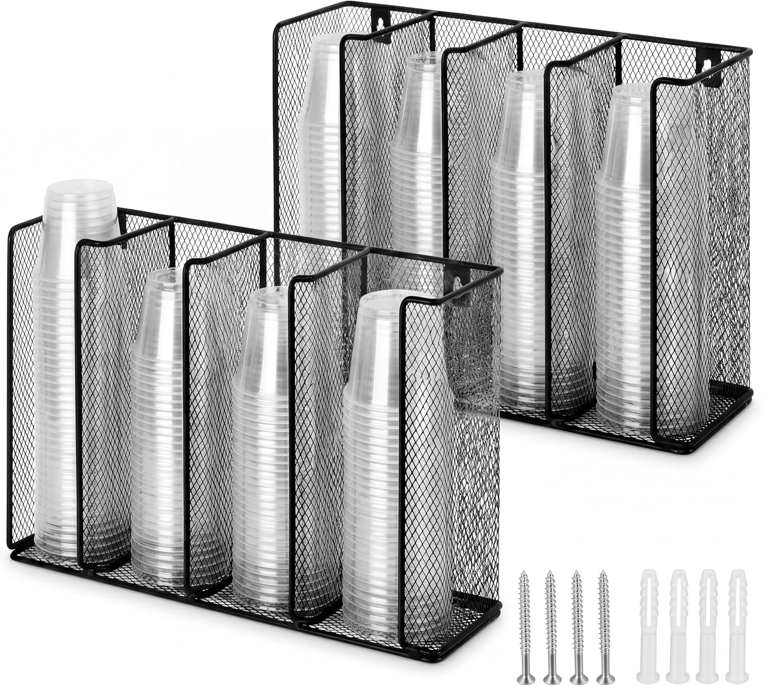 Thenshop 2 Pack Wall Mount Sauce Cup and Lid Holder,4 Compartment Portion Cup Dispenser Fits 2-5.5 oz Cups, Space Saving Organizer for Coffee Bar Restaurant Kitchen Counter, 13 x 10 x 3.26 (Acrylic)