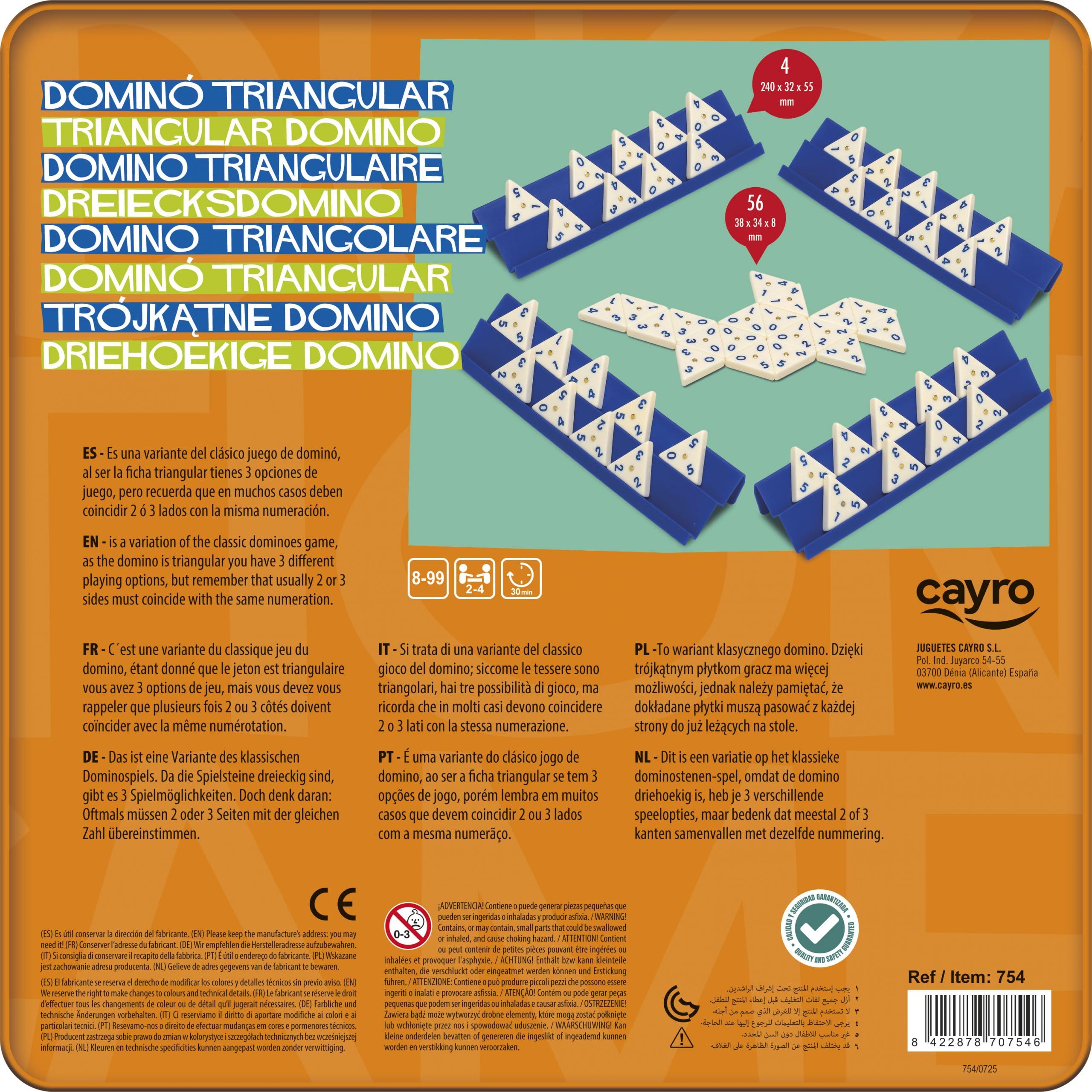 Cayro - Dominó - + 8 Años - Modelo Triangular - Juego Educativo de Mesa de Niños y Adultos - 1 Caja de Metal, 56 Piezas y 4 Soportes - 2 a 4 Jugadores