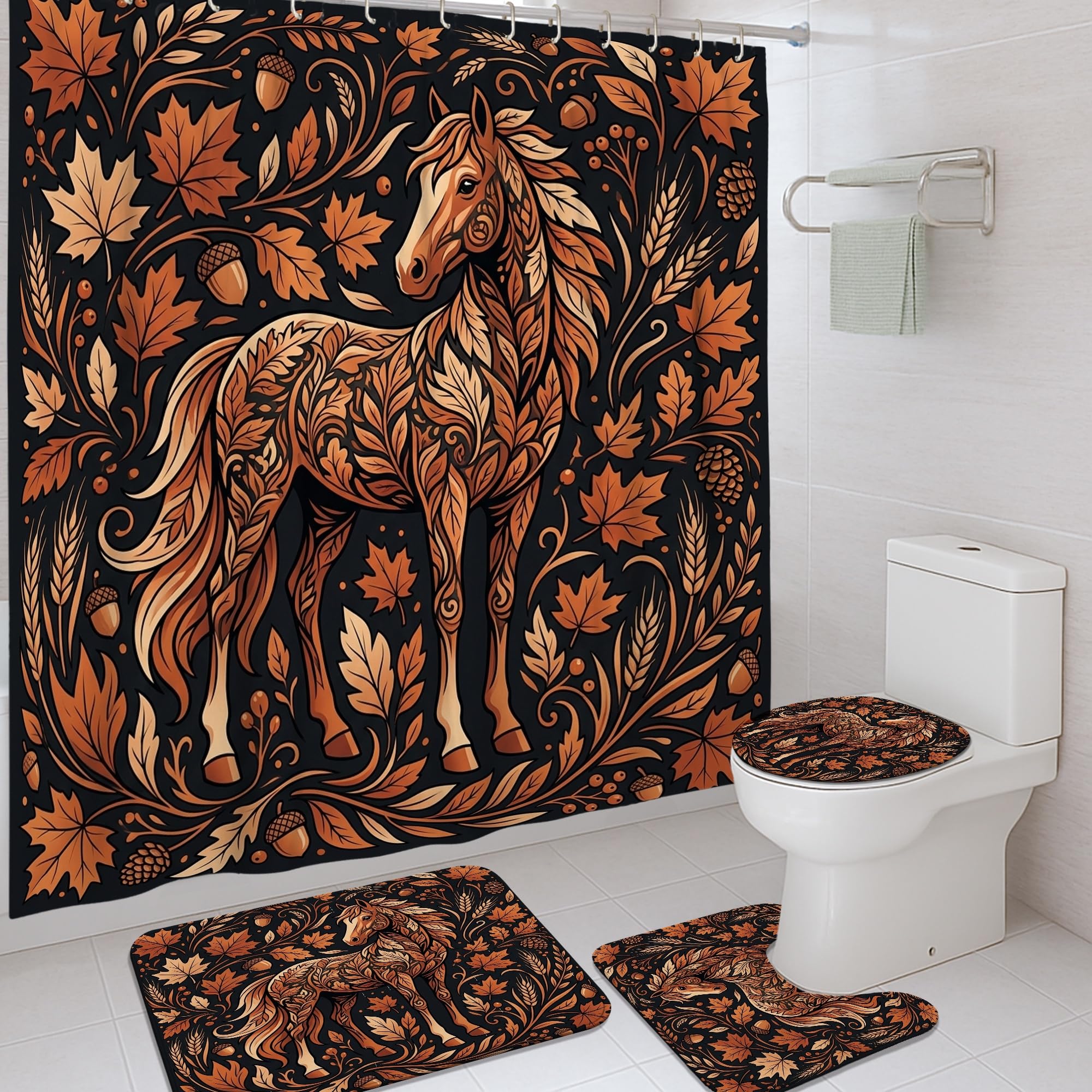 Rideau de douche motif cheval marron avec tapis de bain bohème 183x183