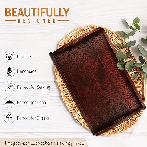 Miniatura 3 de KOSVED Bandeja de madera para servir con elegante grabado, bandeja de cocina para servir técafé, aperitivos, mini barras, una exquisita pieza de