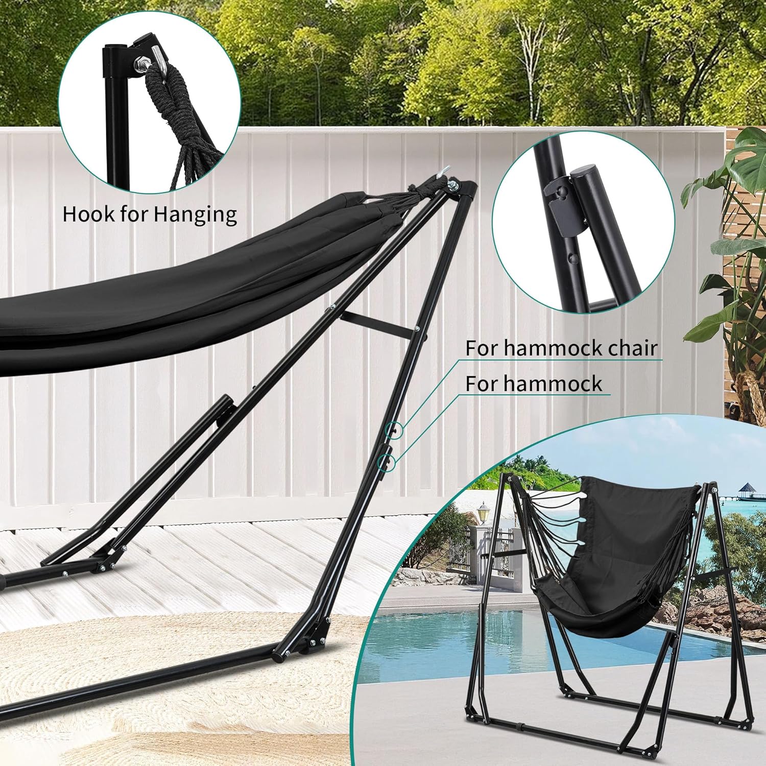 Ainfox Hammock with Foldable Stand, 2 in 1 Hammock and Swinging Chair with Carrying Bag, Portable Camping Chair Suitable for Outside, Swing,Patio,Garden,Camping Trip Black