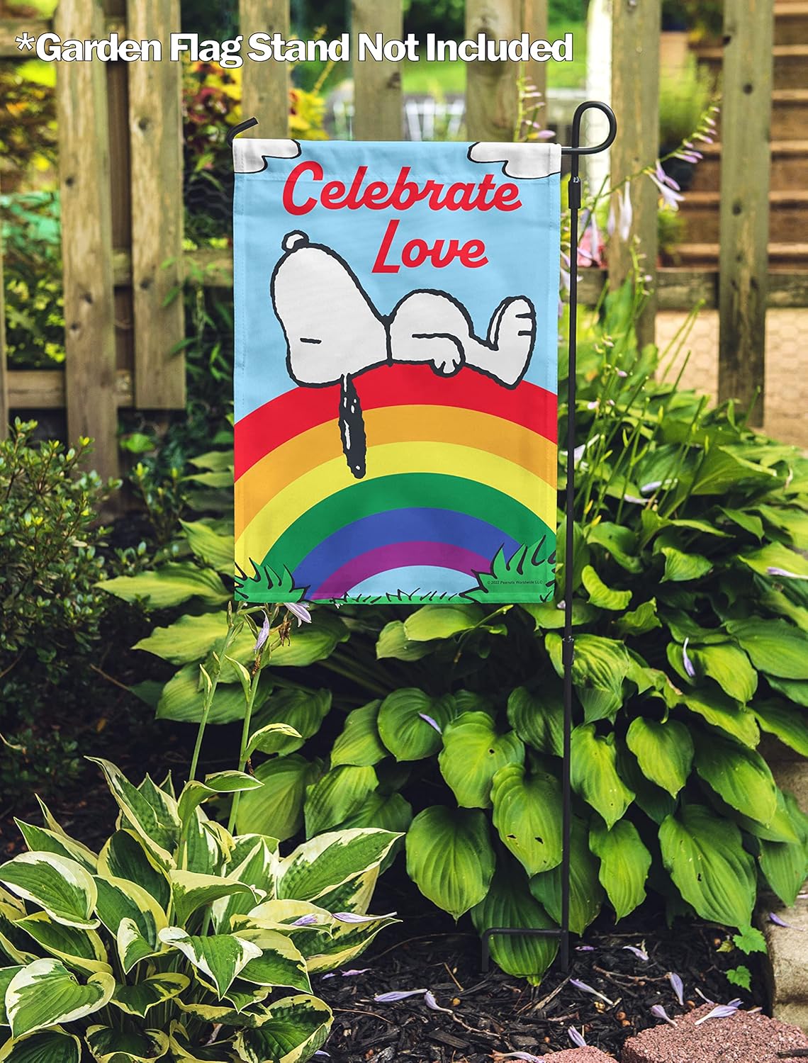 Flagology, PEANUTS Rainbow Celebrate Love Snoopy – Garden Flag 12" x 18", Outdoor Flag, Exclusive Premium Fabric, Officially Licensed PEANUTS®, Inspirational