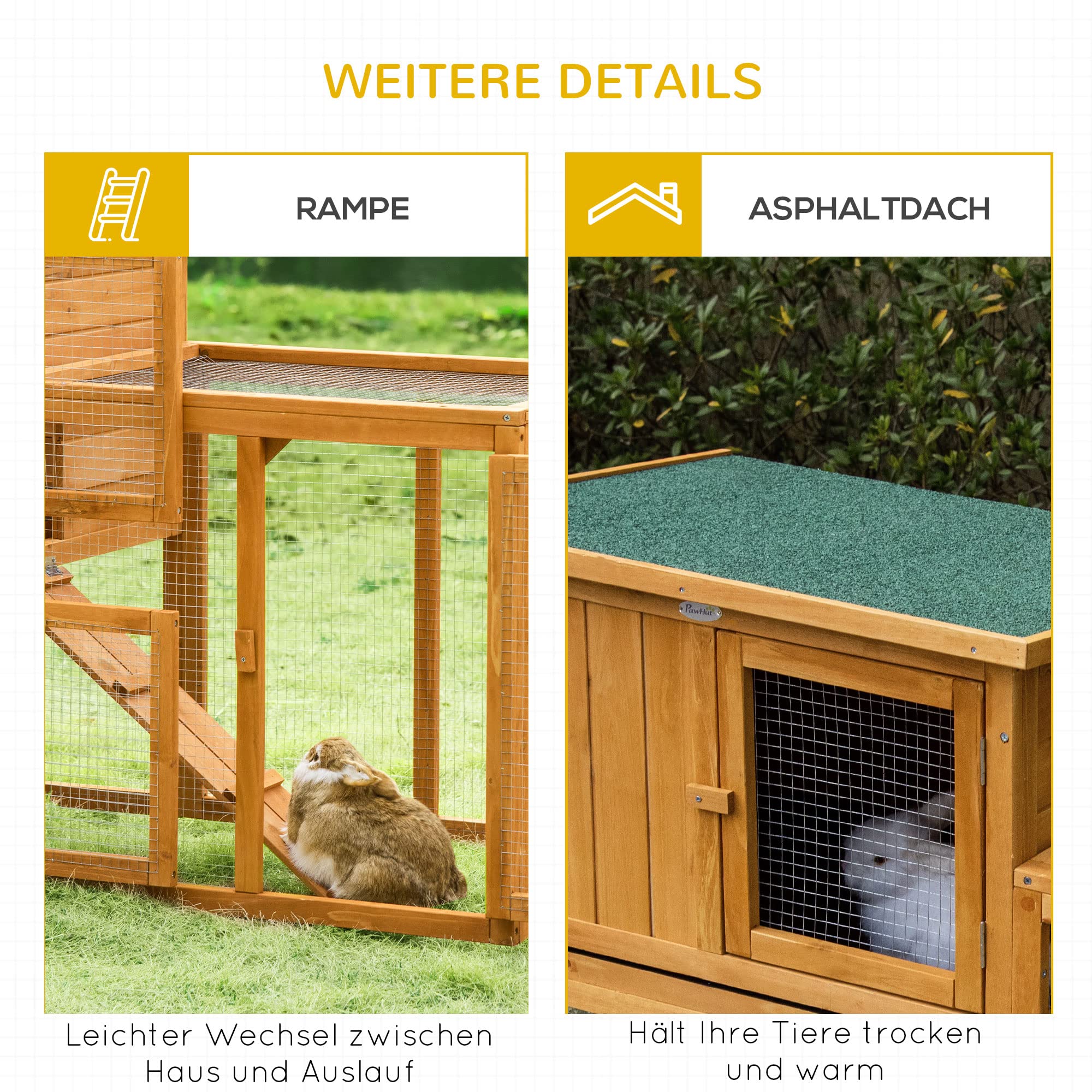 PawHut Gabbia 2 livelli con rampa 141x60x86 cm Arancione | Casa in legno per piccoli animali, ingressi multipli, vassoio rimovibile, interno/esterno