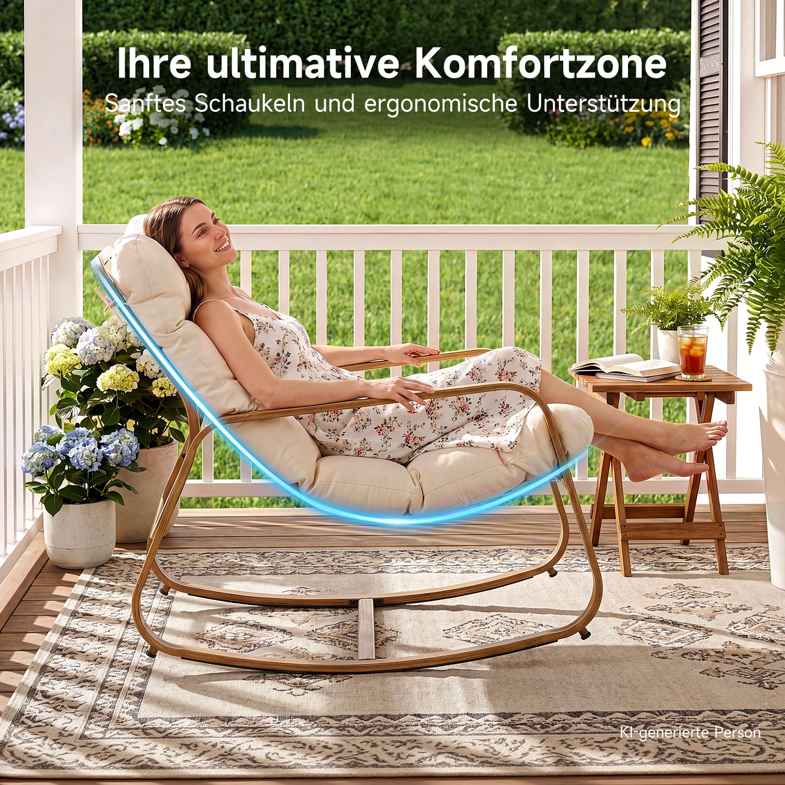 Schaukelstuhl mit dickem Kissen für drinnen und draußen | hochwertiger Papasan-Schaukelstuhl in Holzoptik aus Eisen, gemütlicher Schaukelstuhl für Garten, Balkon, Wohnzimmer und Schla