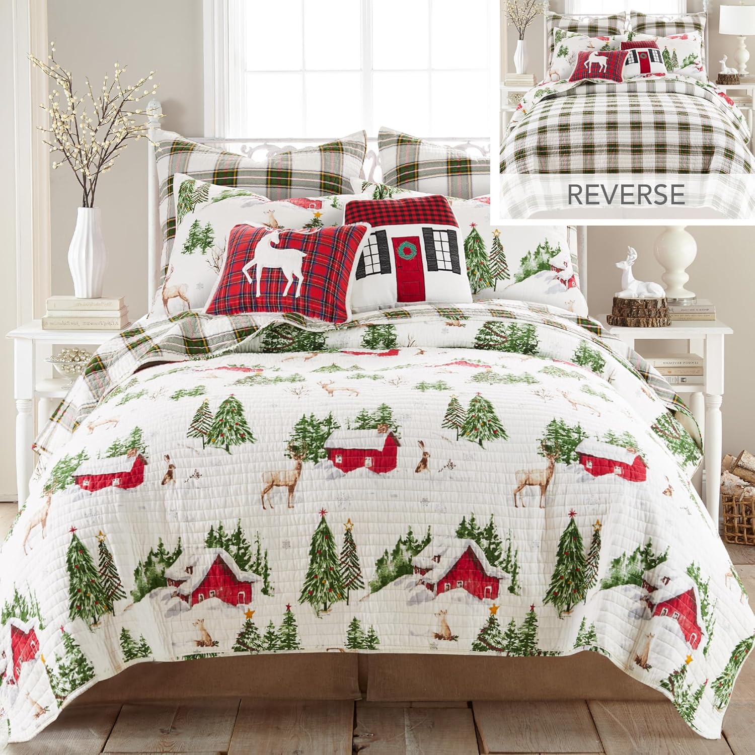 Levtex Home - Tatum Pines - Christmas Decorative Pillow (14x18in.) - White Deer - Red, White and Green
