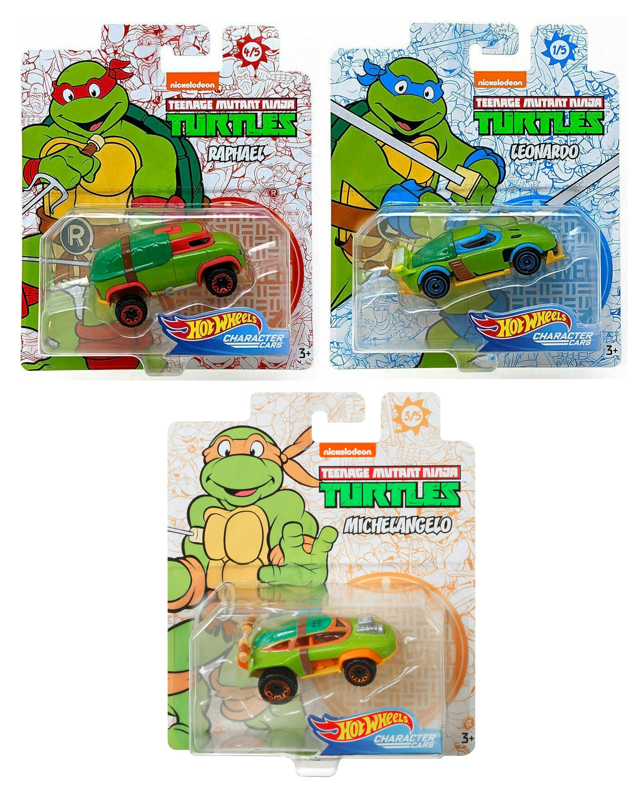 Hot Wheels TMNT Character Cars – 3‑Pack | Leonardo, Michelangelo & Raphael | 1:64 Die‑Cast Turtles Vehicles – Ages 3+