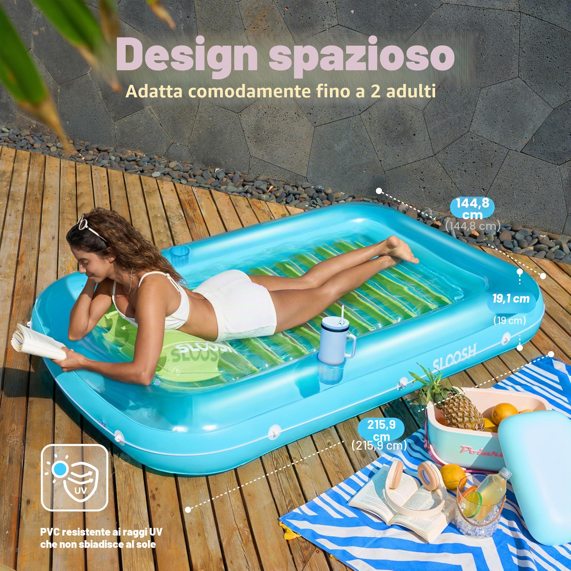 SLOOSH Tanning Pool Sdraio gonfiabile per piscina, con cuscino, 4 in 1, vasca abbronzante, lettino prendisole
