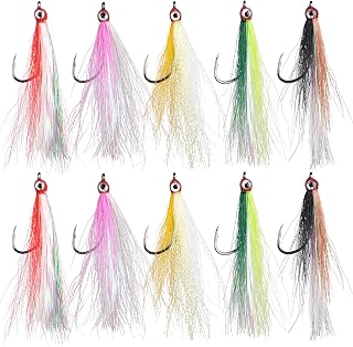 OROOTL Fishing Bucktail Teaser Hooks, 10pcs Saltwater Fishing Jigs Teaser Lures High Carbon Steel Hooks with Crystal Flash Feather Skirt for Flounder Salmon Trout Sea Bass Steelhead
