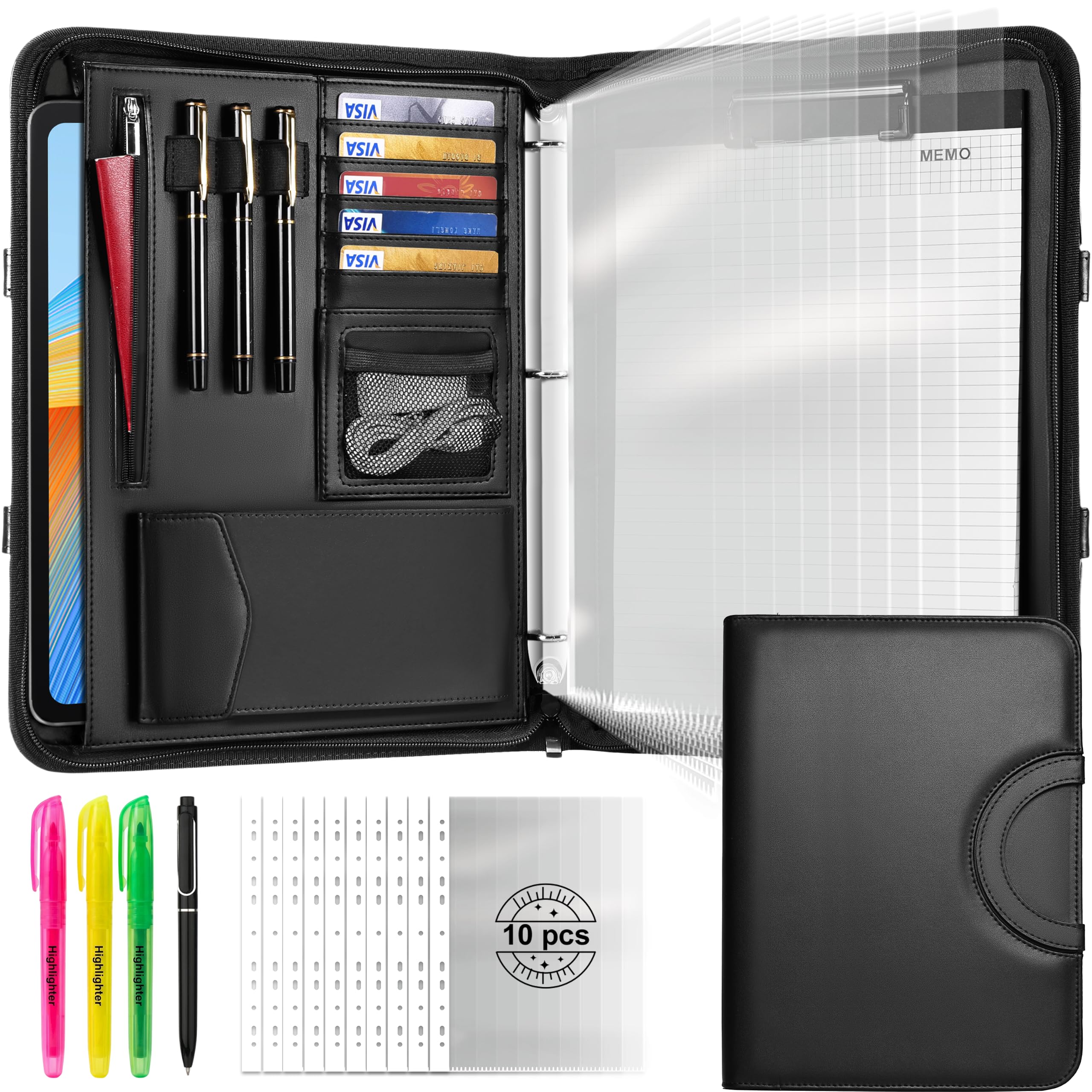 LUYRIAK Portfolio Folder A4, Vegan Leather Zipper Conference Folder 3-Ring, Multi-Pockets Document Holder for Work Travel Business School Office